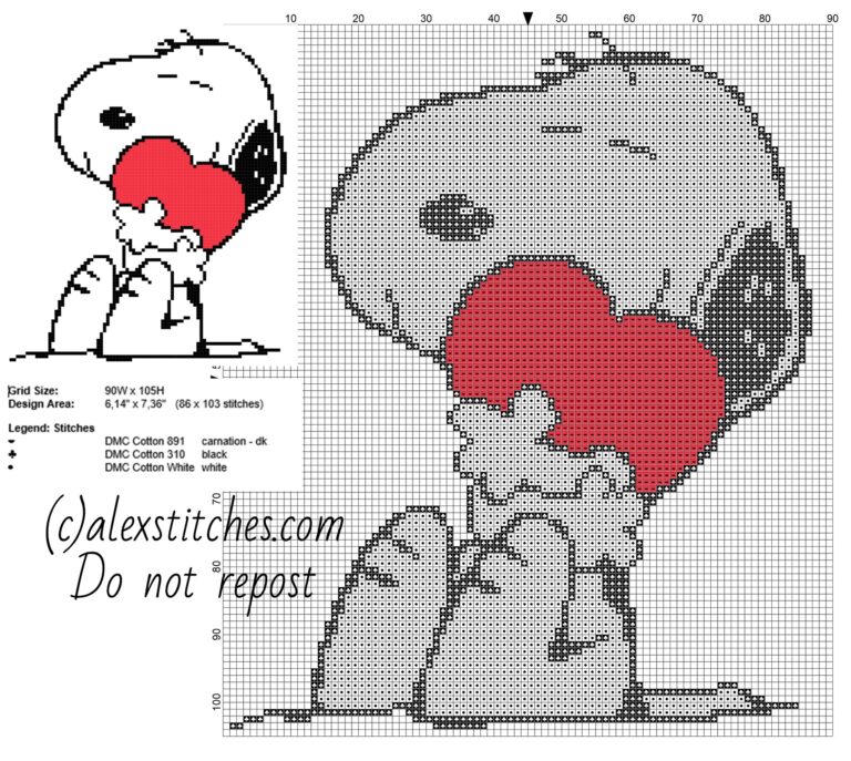 Snoopy With Heart Free Cross Stitch Pattern Small Size Free 