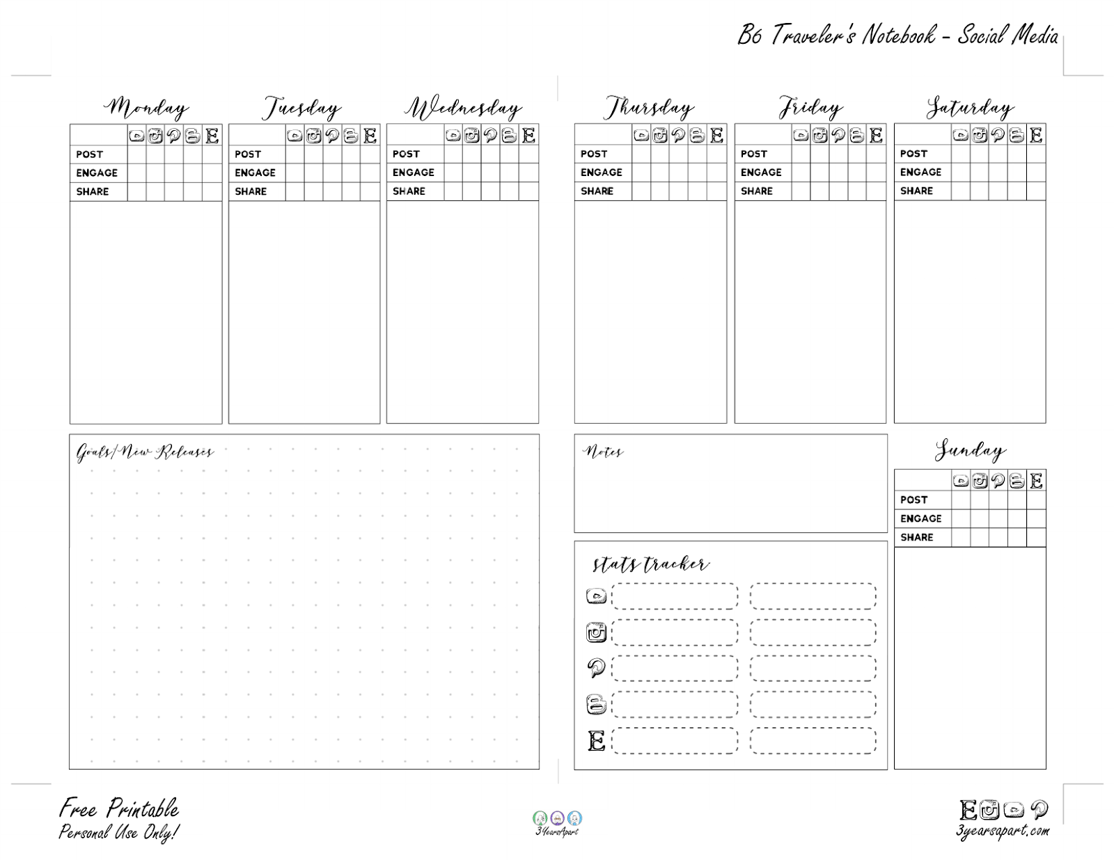 Social Media Planner Inserts Free Printable For Traveler s Notebooks And Planners 3 Years Apart Social Media Planner Inserts Free Printable For Traveler s Notebooks And Planners 3 Years Apart