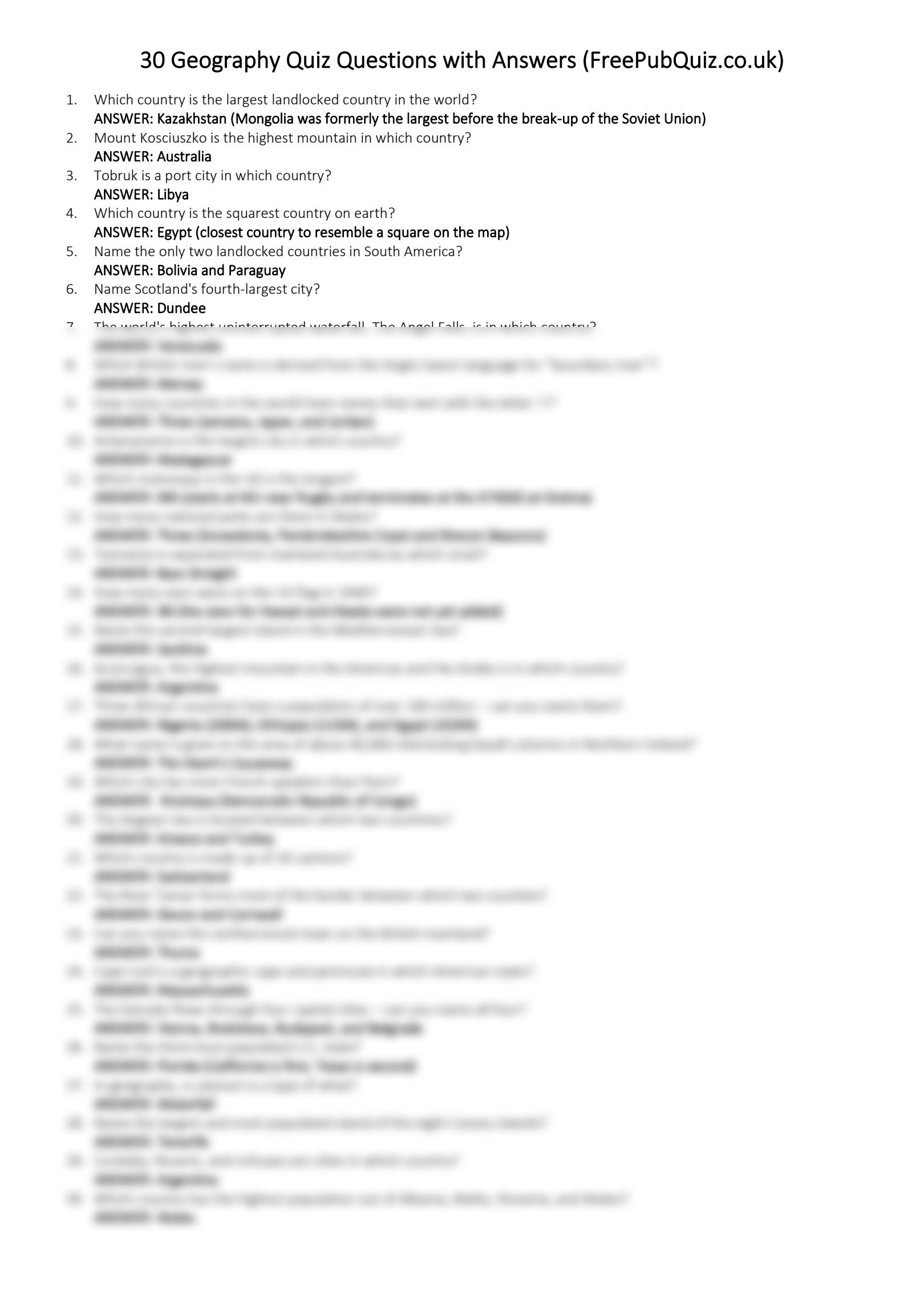 SOLUTION Printable Geography Quiz Questions With Answers Studypool Worksheets Library