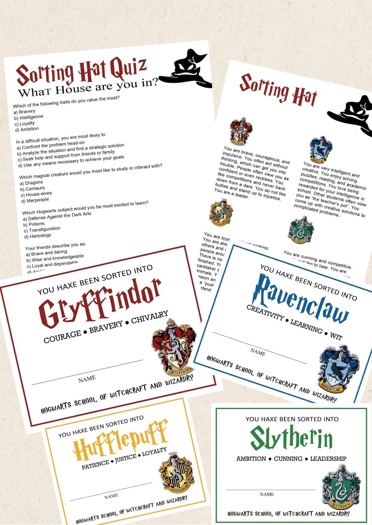 sorting hat quiz printable
