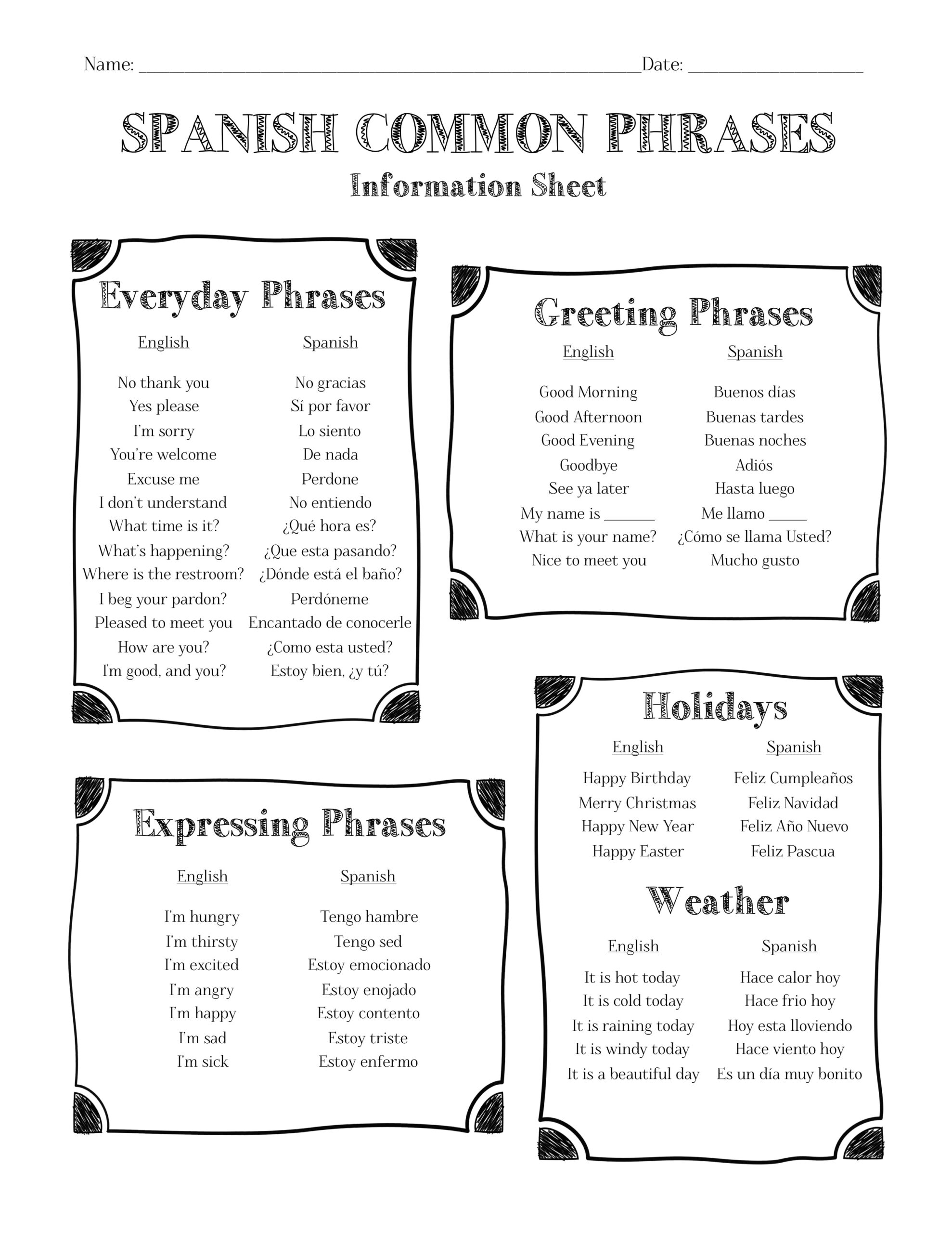 Spanish Common Phrases Information Sheet Worksheet And Answer Key Made By Teachers