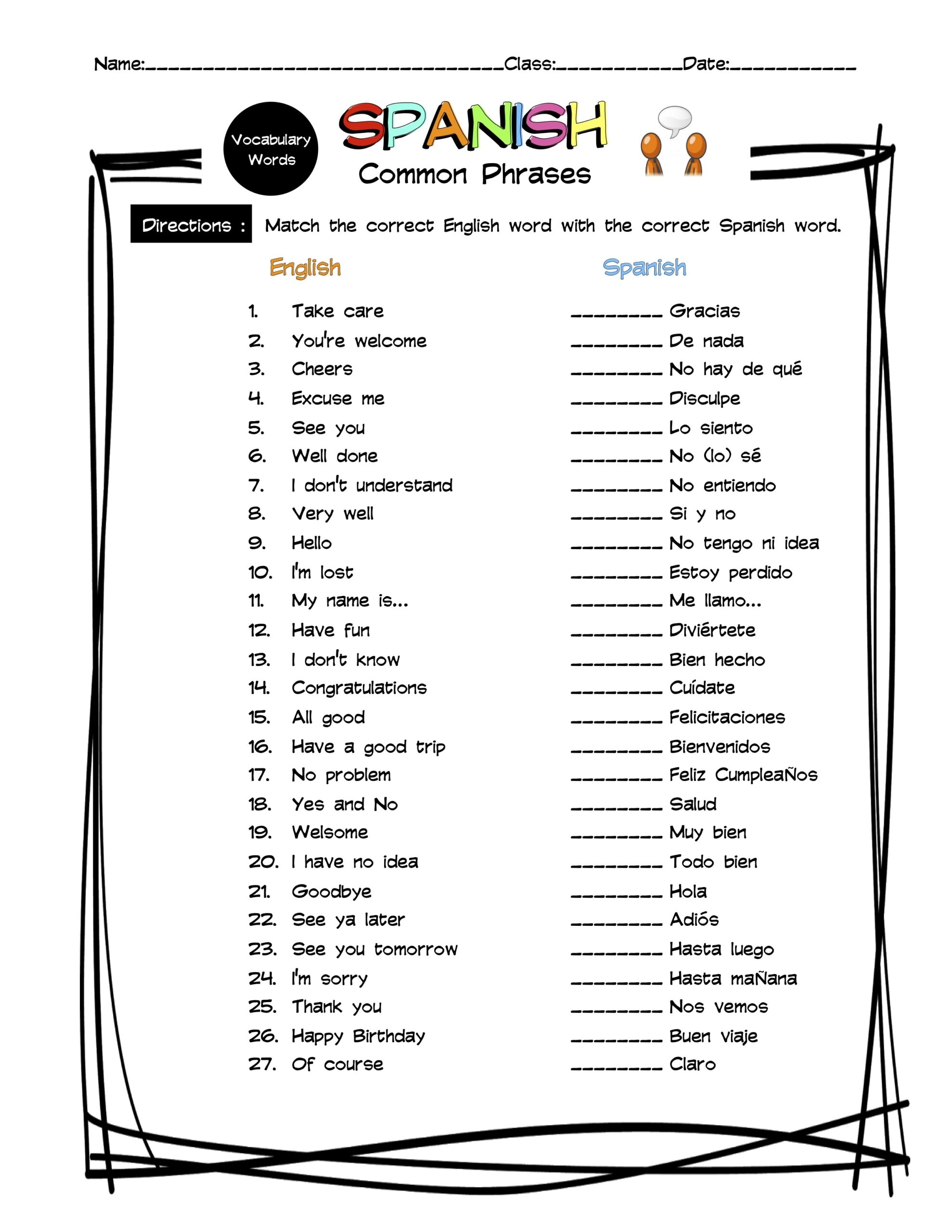Spanish Common Phrases Vocabulary Matching Worksheet U0026 Answer Key Made By Teachers
