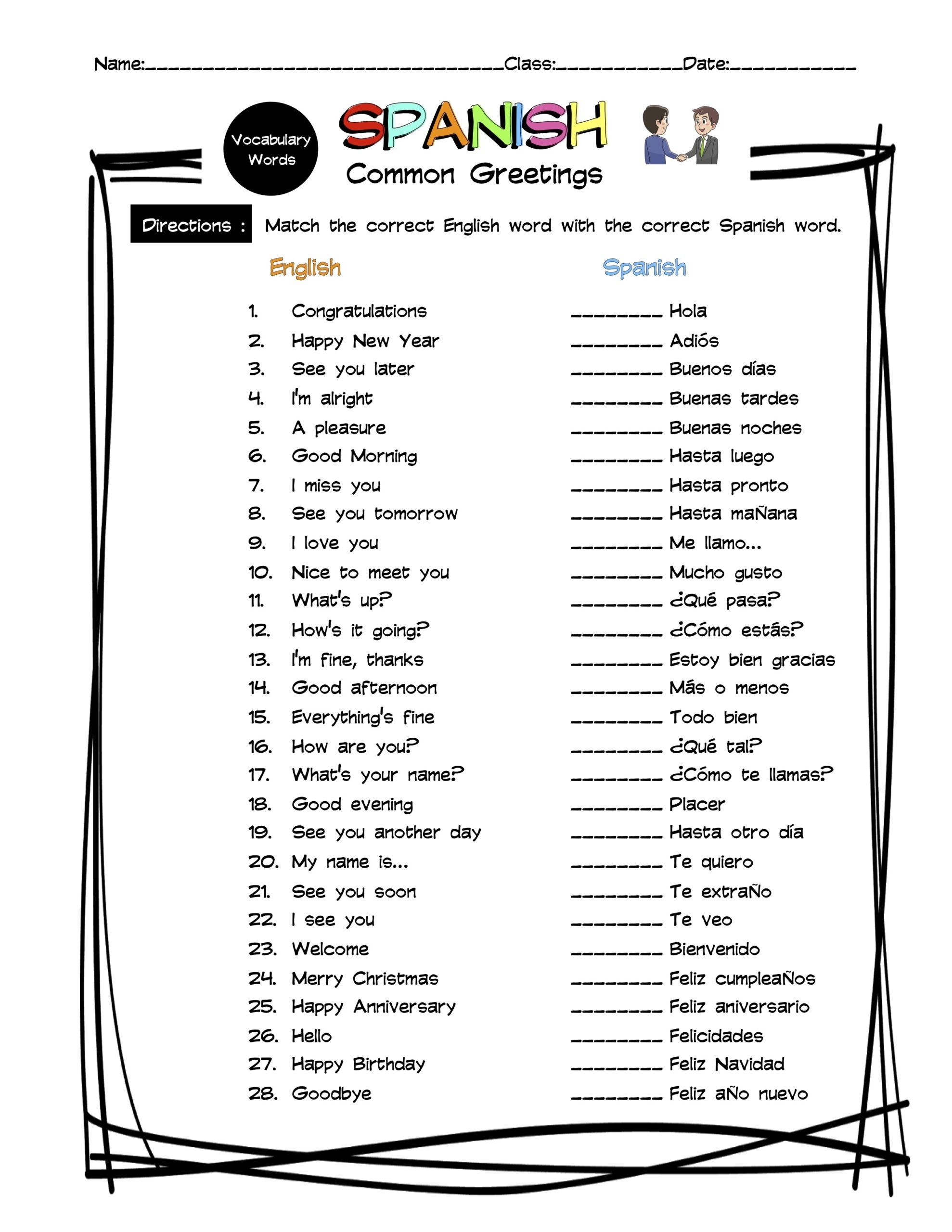 Spanish Greetings Vocabulary Matching Worksheet U0026 Answer Key Made By Teachers