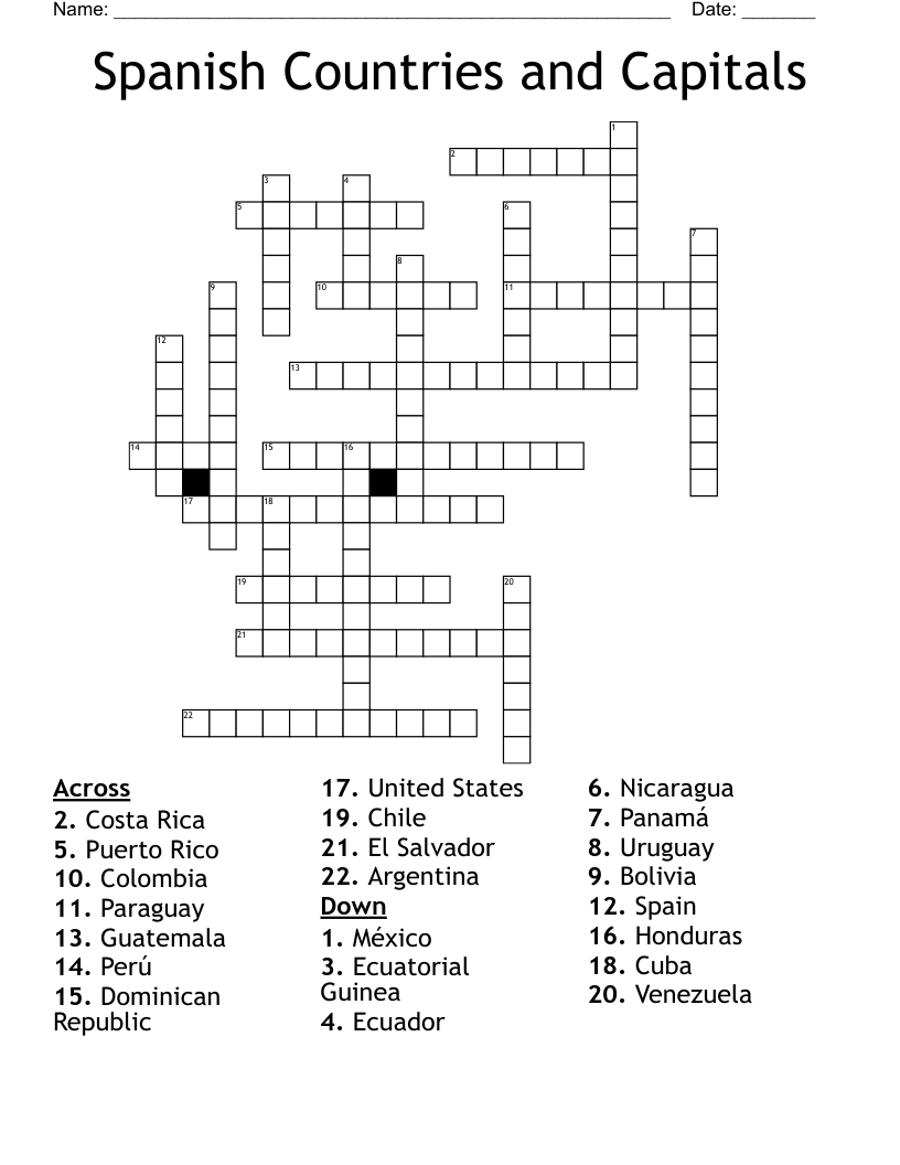 Spanish Speaking Countries And Capitals Worksheet WordMint
