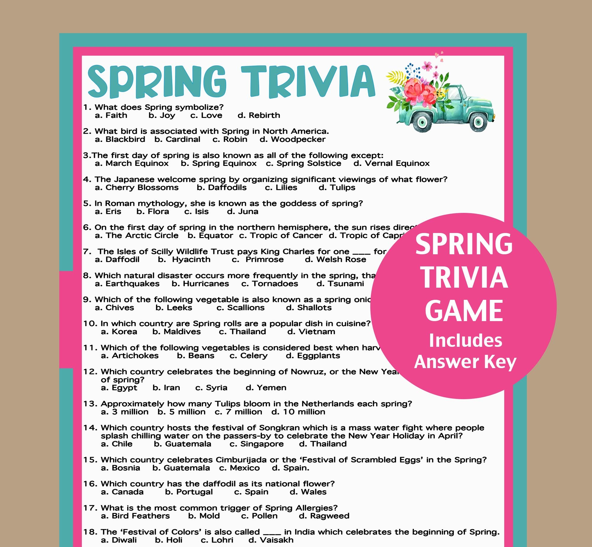 Spring Trivia Game Printable Spring Game Fun Spring Games Spring Activities For Adults Teens And Kids Spring School Game Etsy