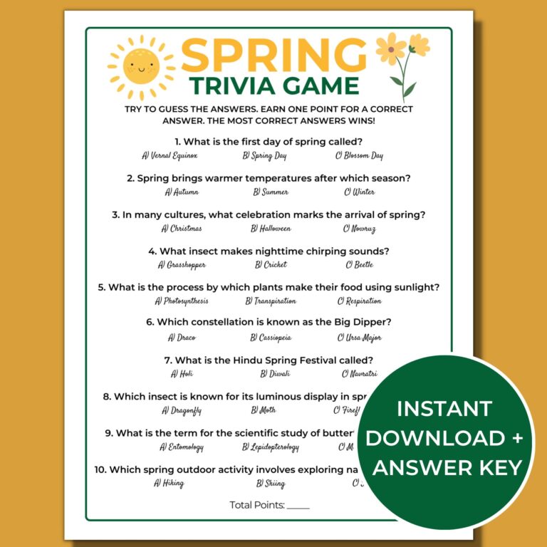 Spring Trivia Game Printable Spring Games Fun Spring Activities For Kids And Adults Spring Questions And Answers Etsy