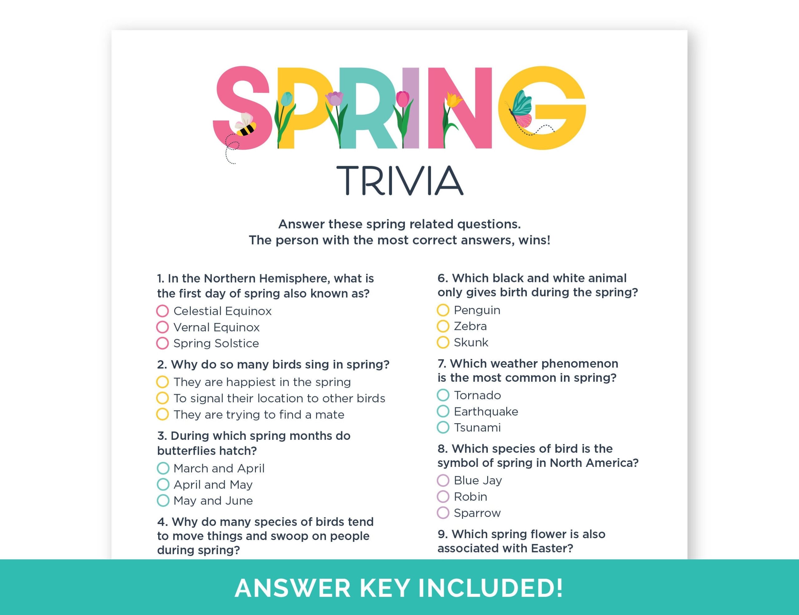 Spring Trivia Game Printable Spring Quiz With Answers For A Family Classroom Or Church Party Educational Spring Game For Adults And Kids Etsy