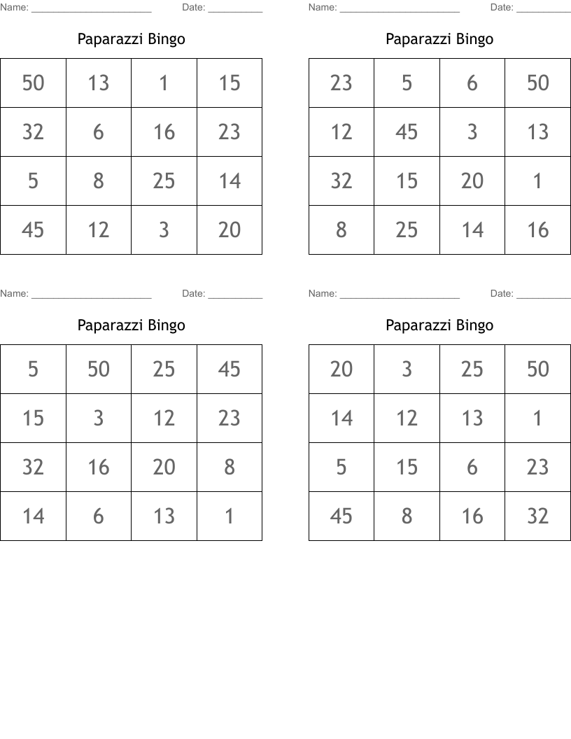 Standard Form Bingo Cards WordMint