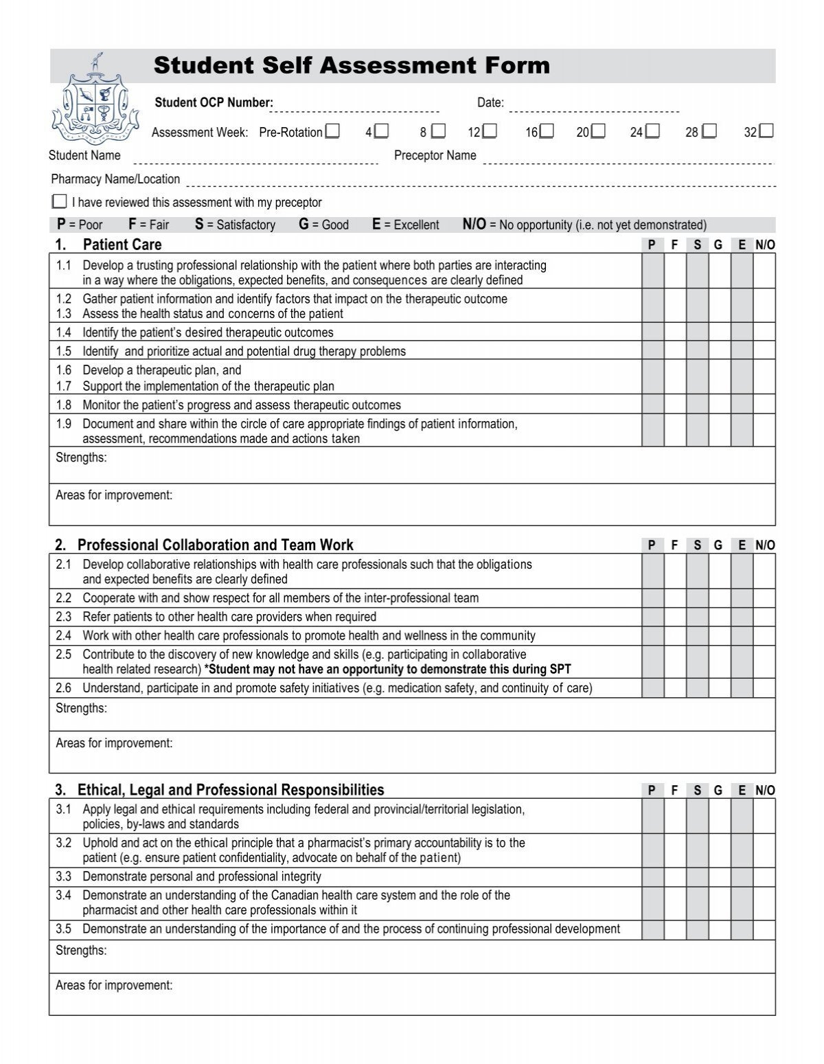 Student Self Assessment Form