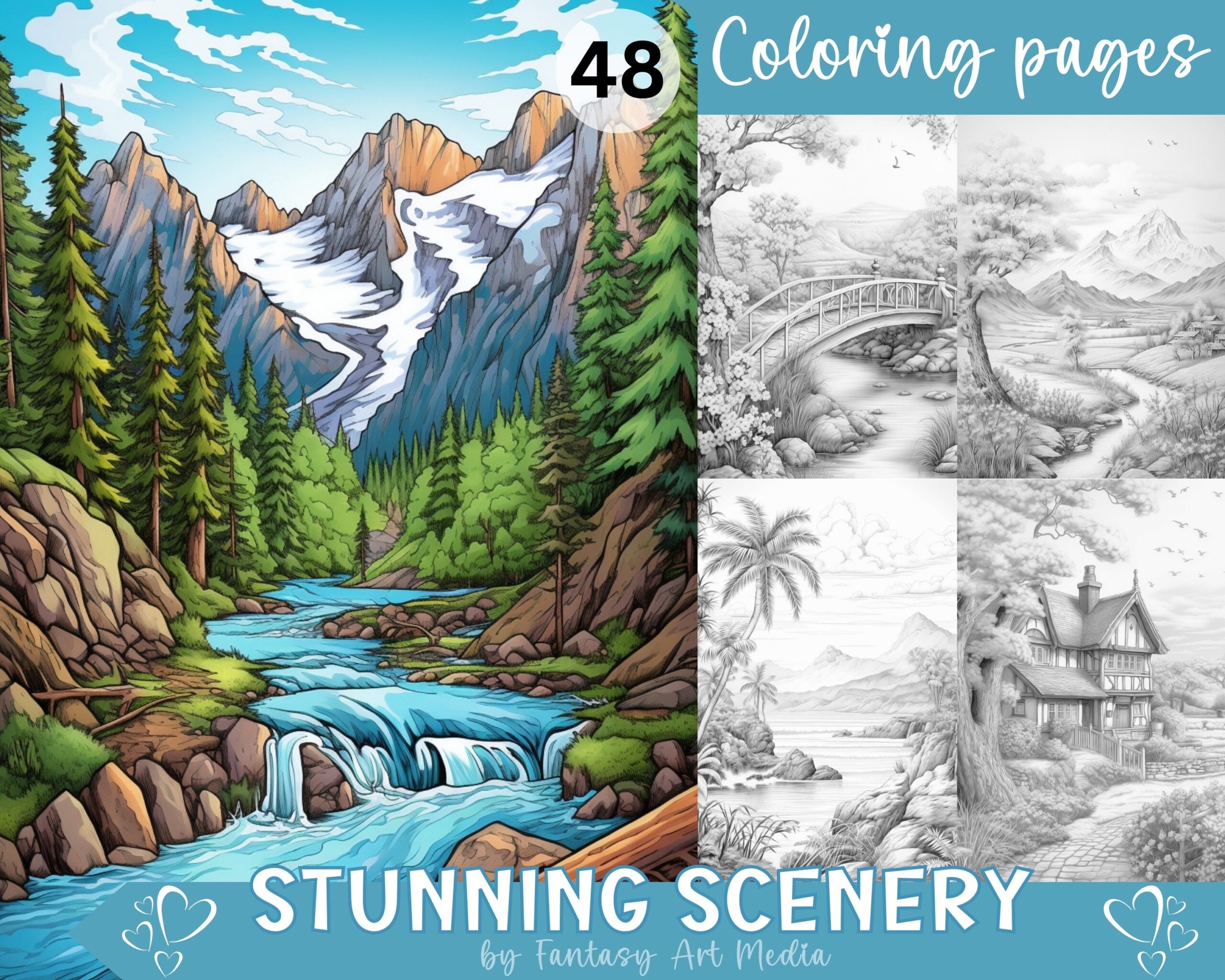 Stunning Scenery Coloring Pages Printable Adult Grayscale Country Landscapes Lake Sunsets Book Instant Download Printable PDF JPG File Etsy