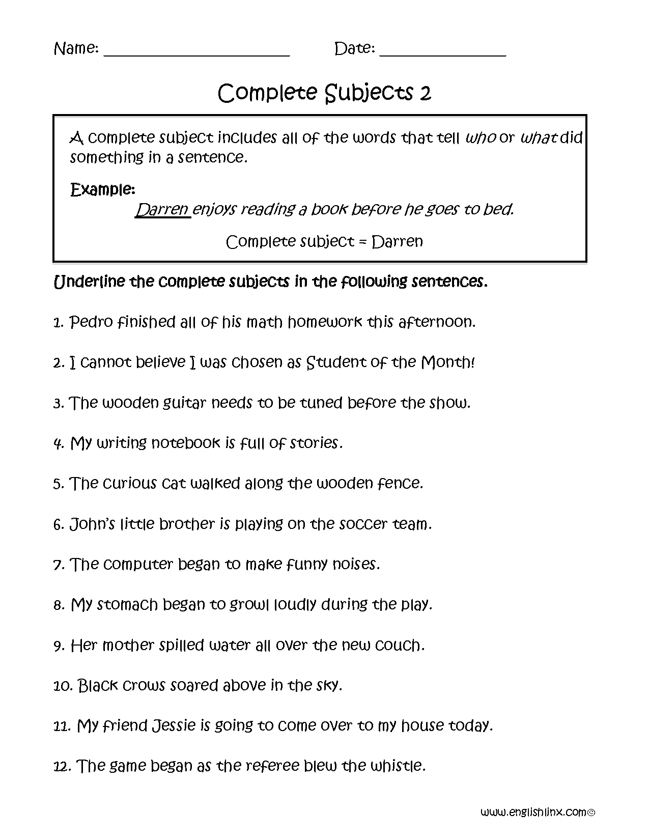 Subject And Predicate Worksheets Complete Subjects Worksheets Part 2