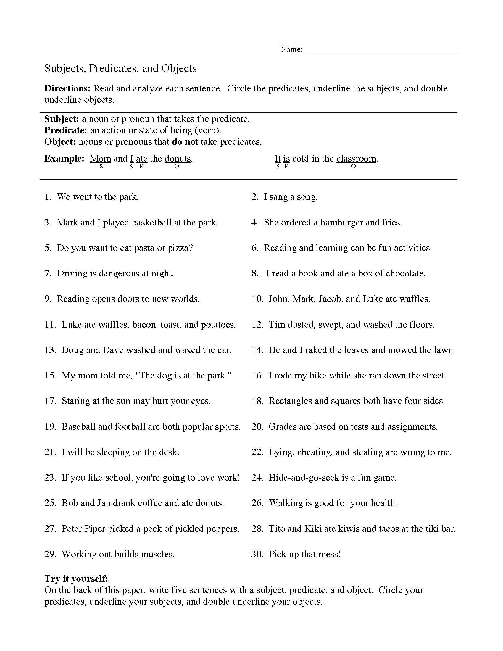subject and predicate printable games
