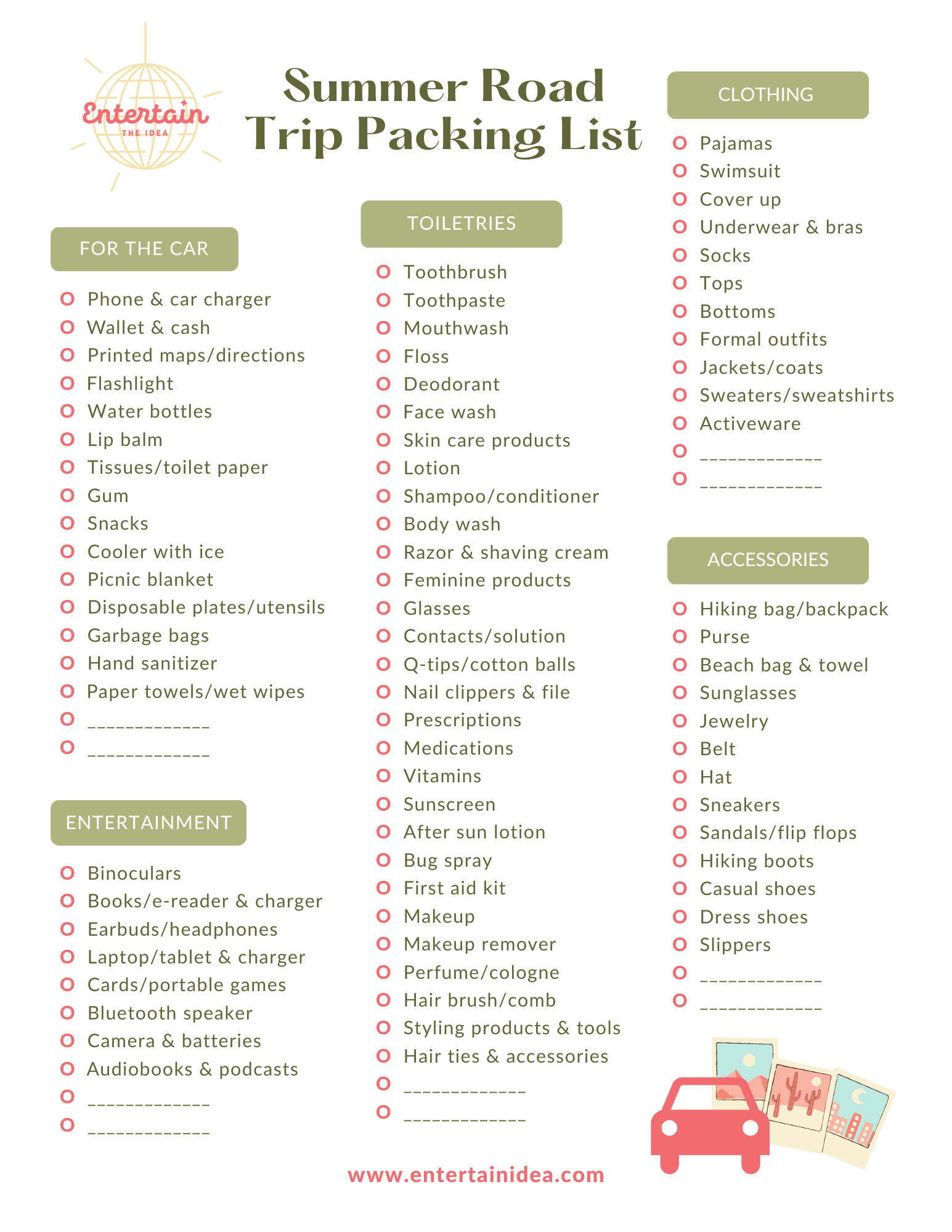 Summer Road Trip Printable Packing List Entertain The Idea