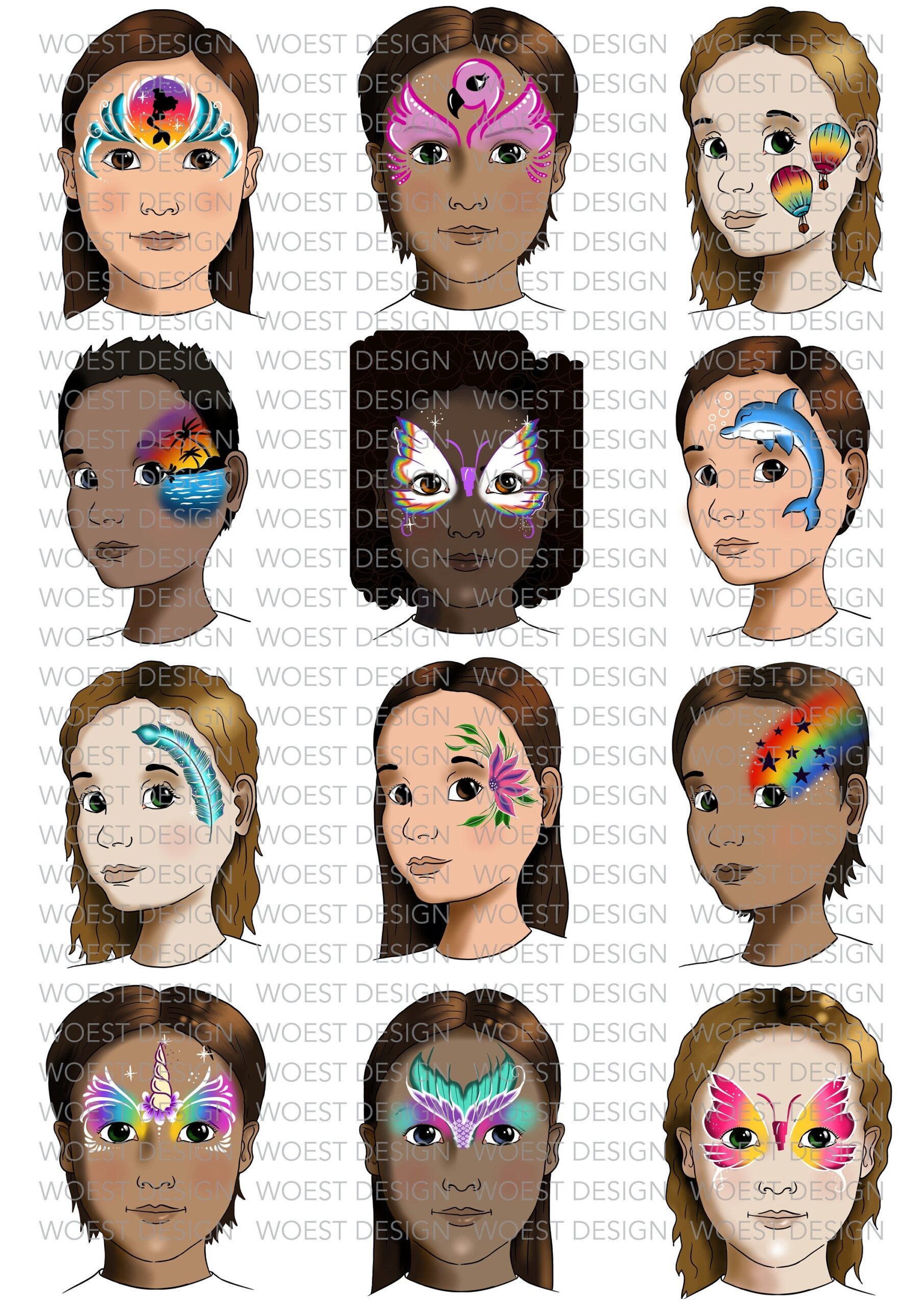 Summer Set DIGITAL DOWNLOAD Face Paint Design Board Face 