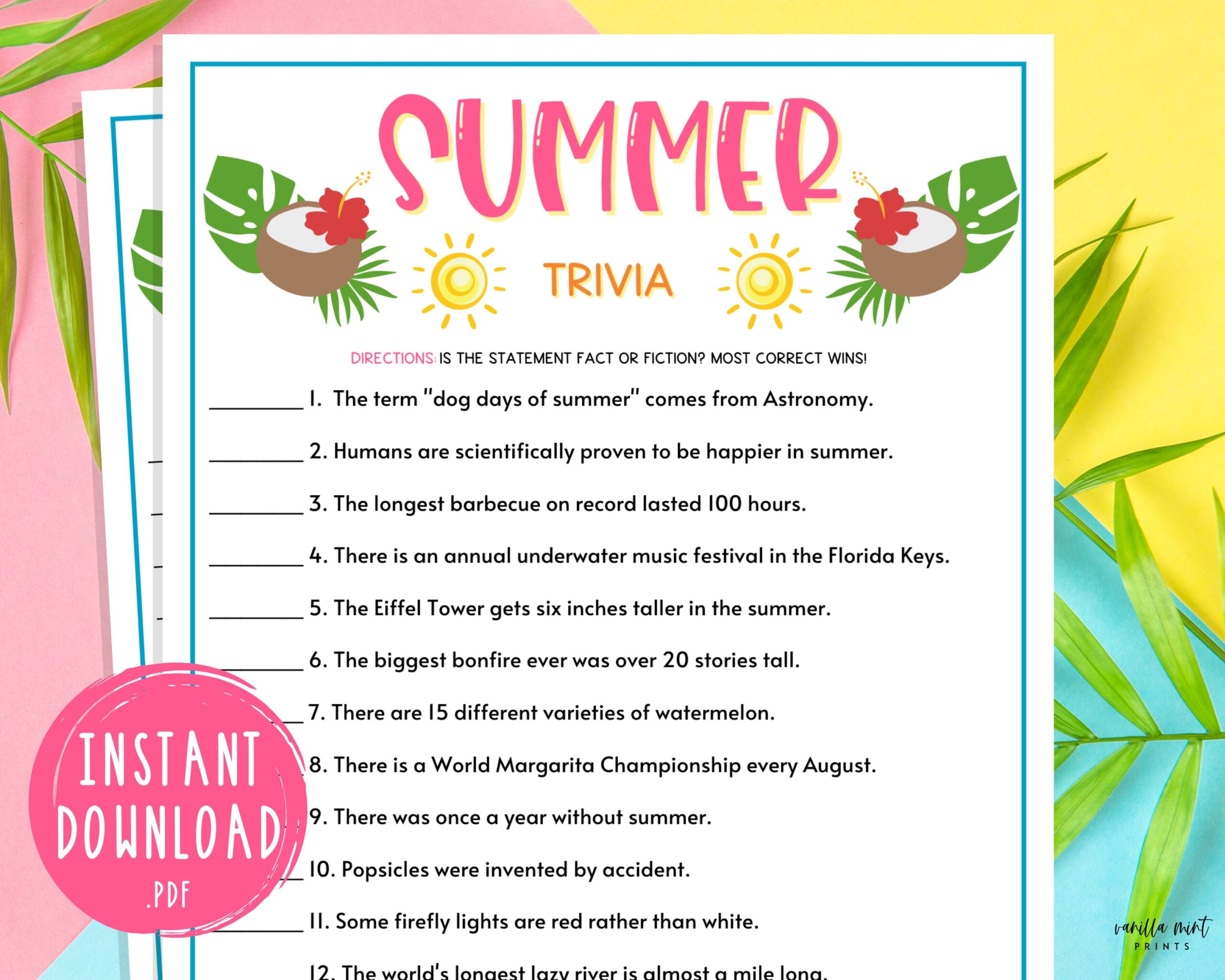 Summer Trivia Game Printable Summertime Games Party Games Summer Activities For Adults U0026 Kids Fun Summer Games Beach Pool Etsy