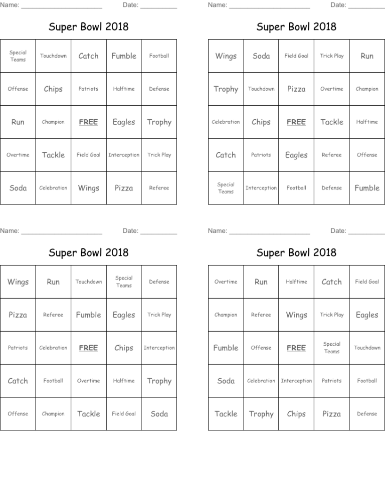Super Bowl 2018 Bingo Cards WordMint