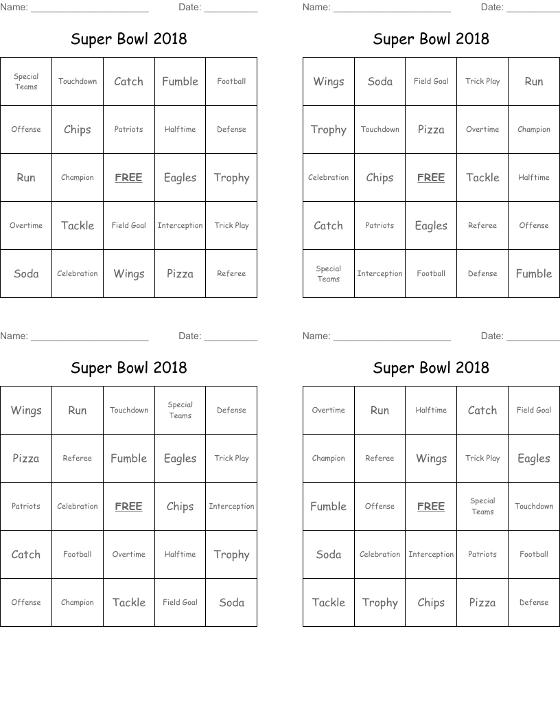 Super Bowl 2018 Bingo Cards WordMint