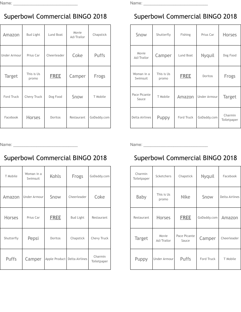 Superbowl Commercial BINGO 2018 WordMint