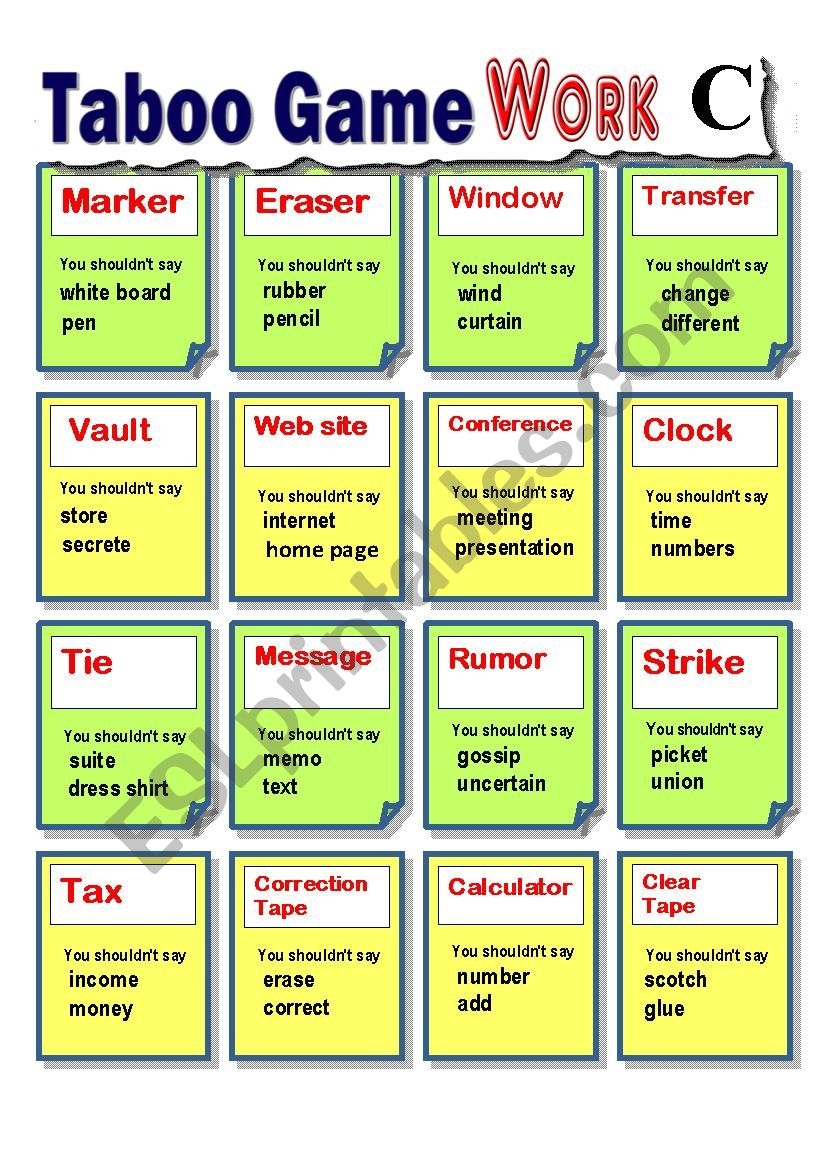 Taboo Card Guessing Game Work 2 Adult Basic ESL Worksheet By Ttuffl