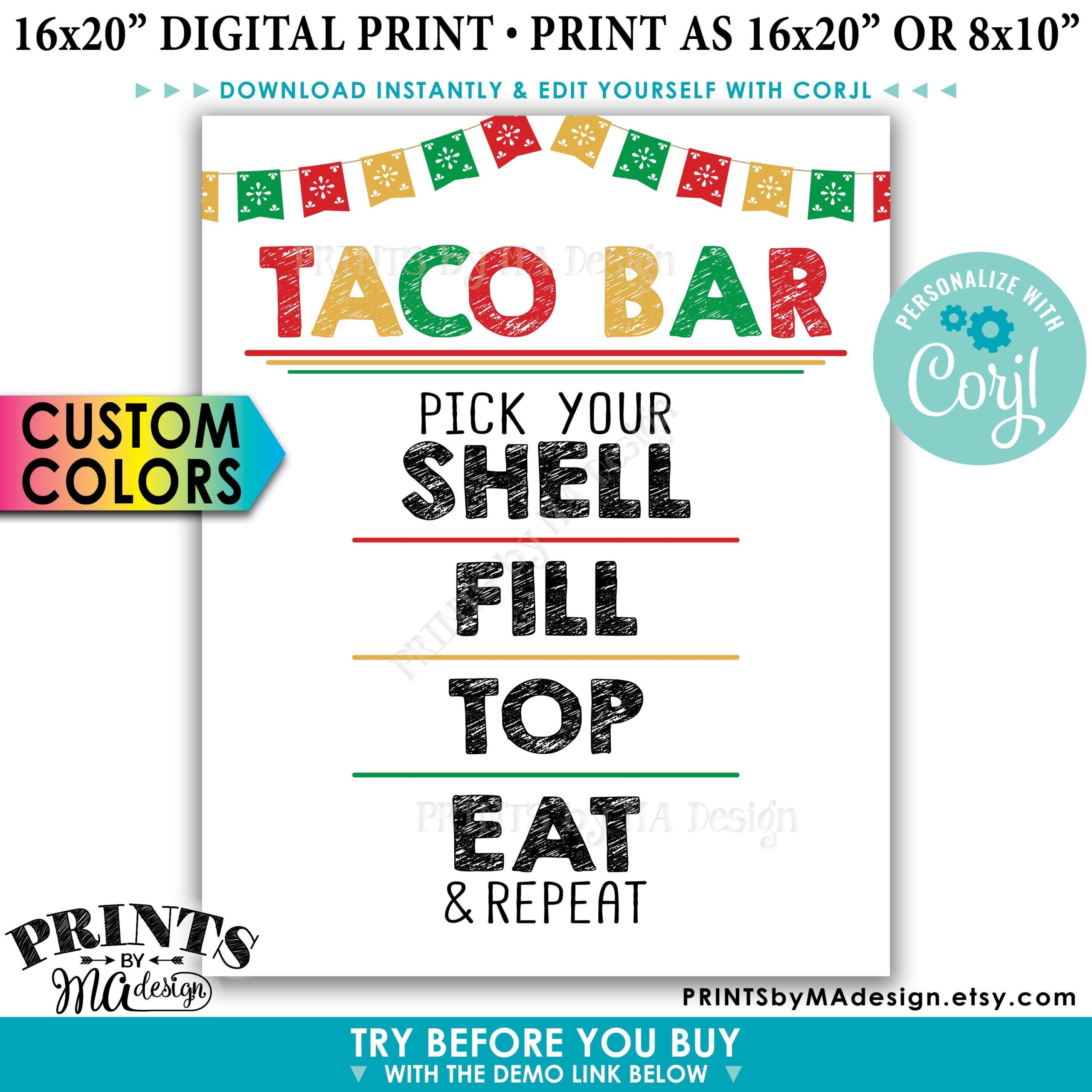 Taco Bar Sign Cinco De Mayo Taco Bar Fiesta Custom Colors Taco Bar Sign Cinco De Mayo Taco Bar Fiesta Custom Colors