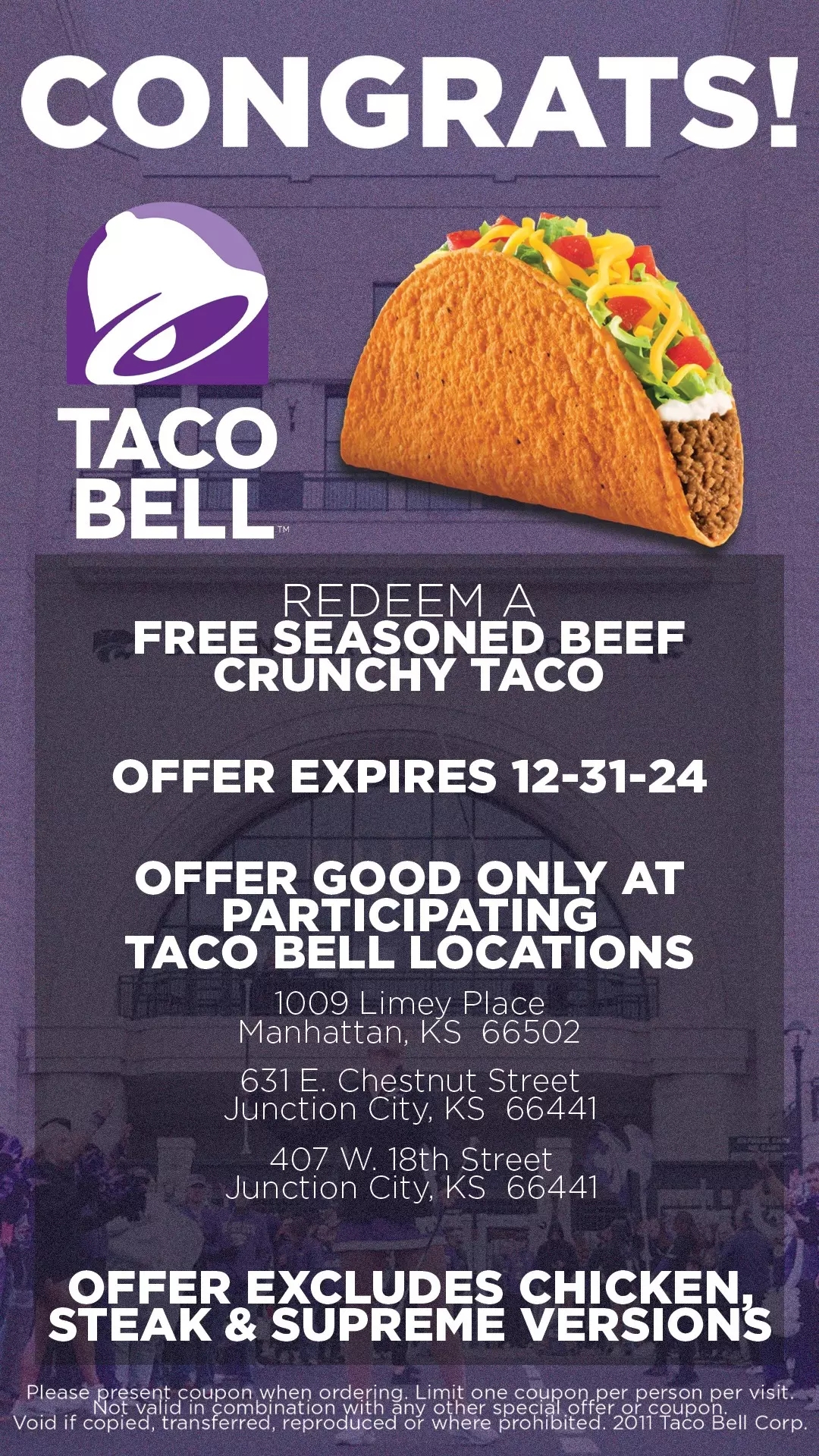 Taco Bell Redeemable Coupon Kansas State University Athletics Taco Bell Redeemable Coupon Kansas State University Athletics