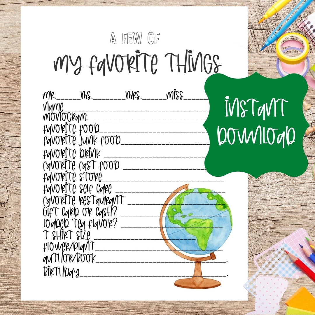 Teacher Favorite Things Printable Teacher Appreciation Week Questionnaire Teacher Survey For Teacher Gift Etsy
