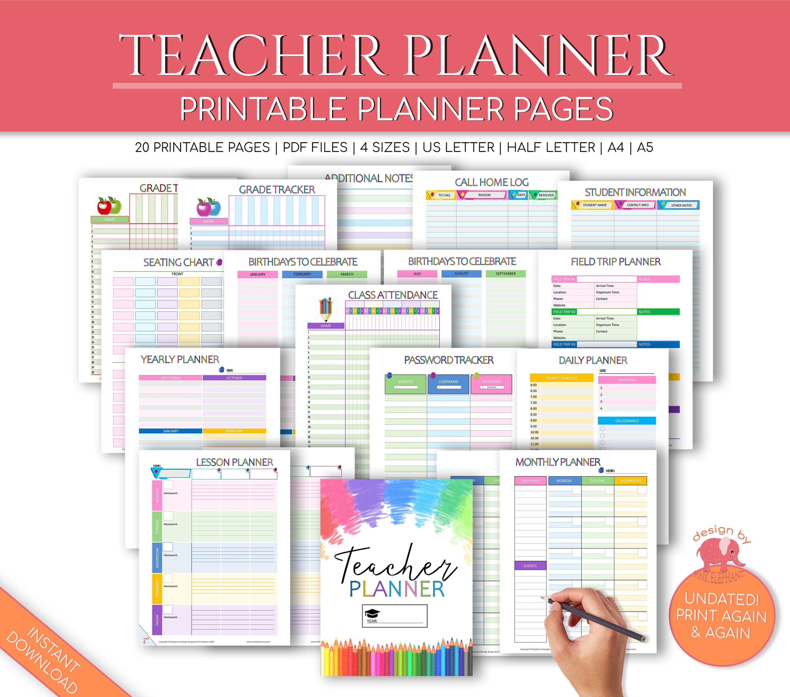 Teacher Planner Printable Academic Planner Inserts Teacher 