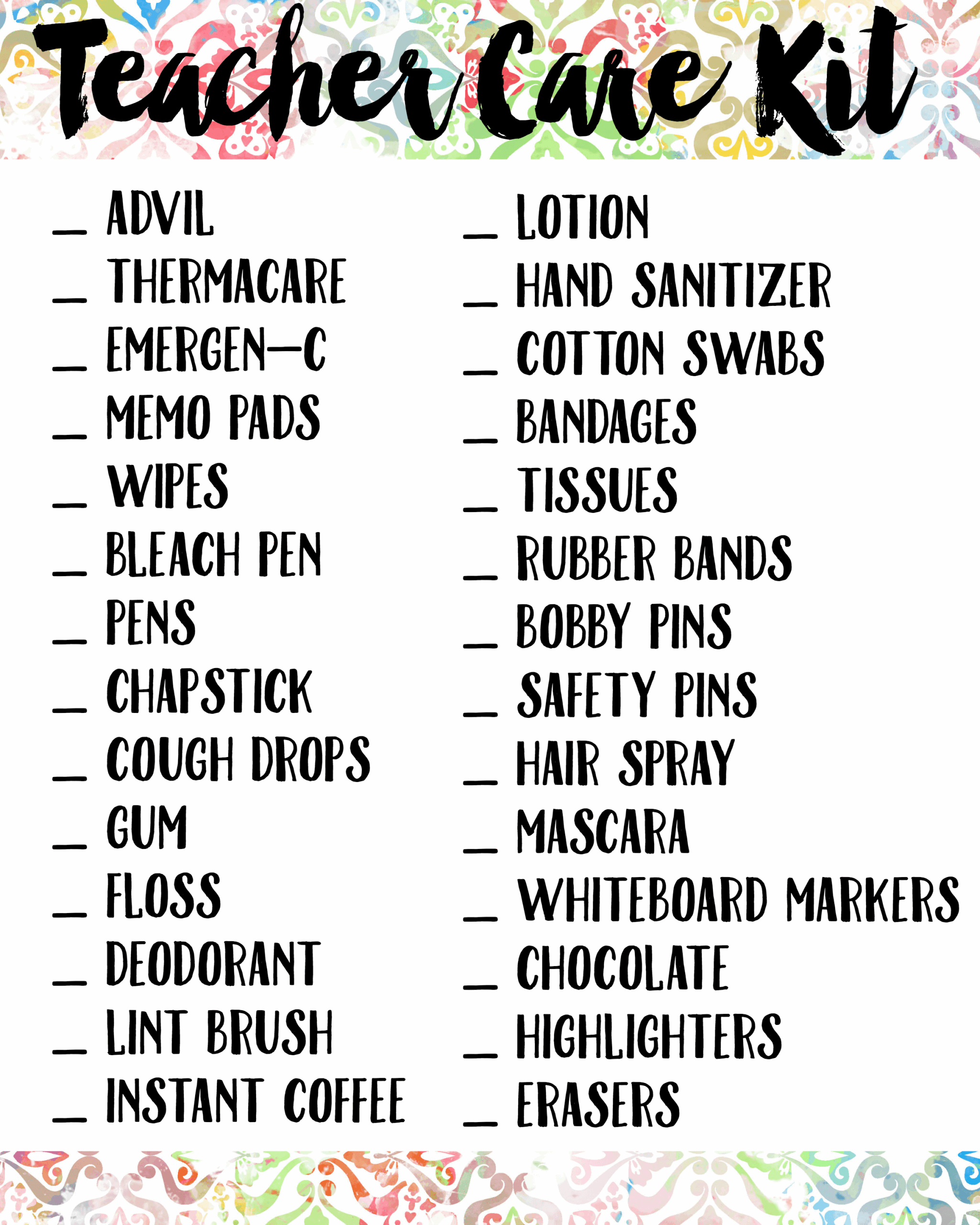 Teacher Survival Kit Printable