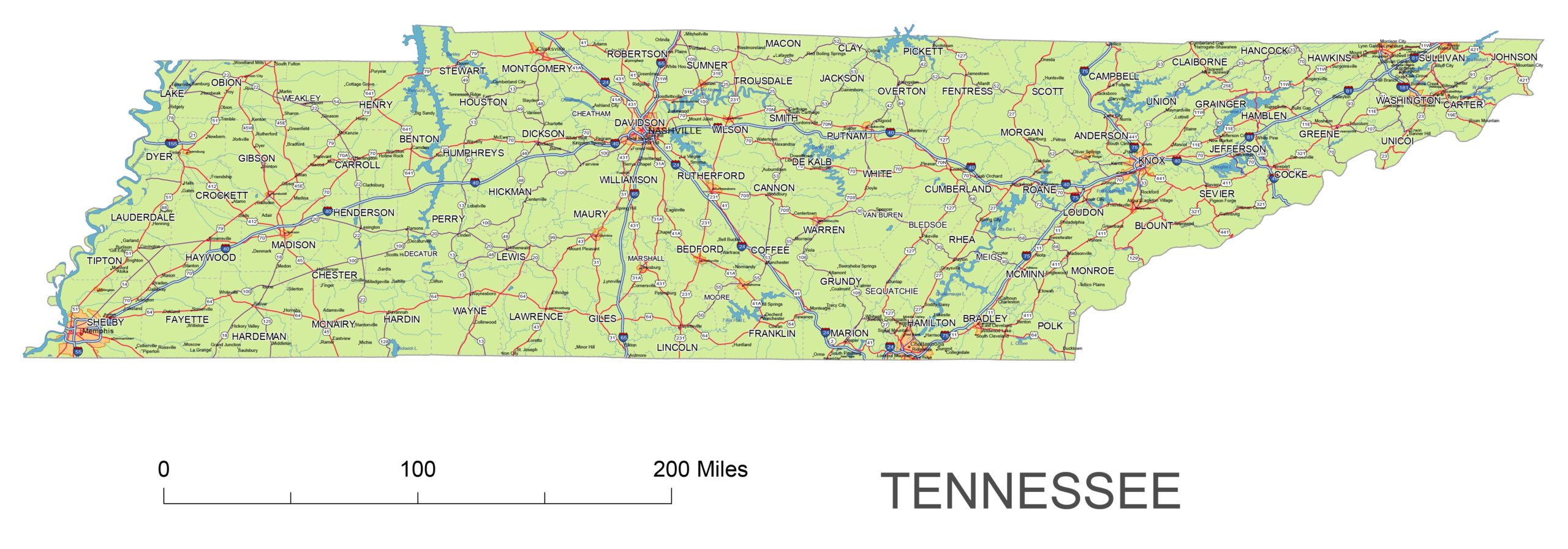 Tennessee Road Map Printable Vector Maps
