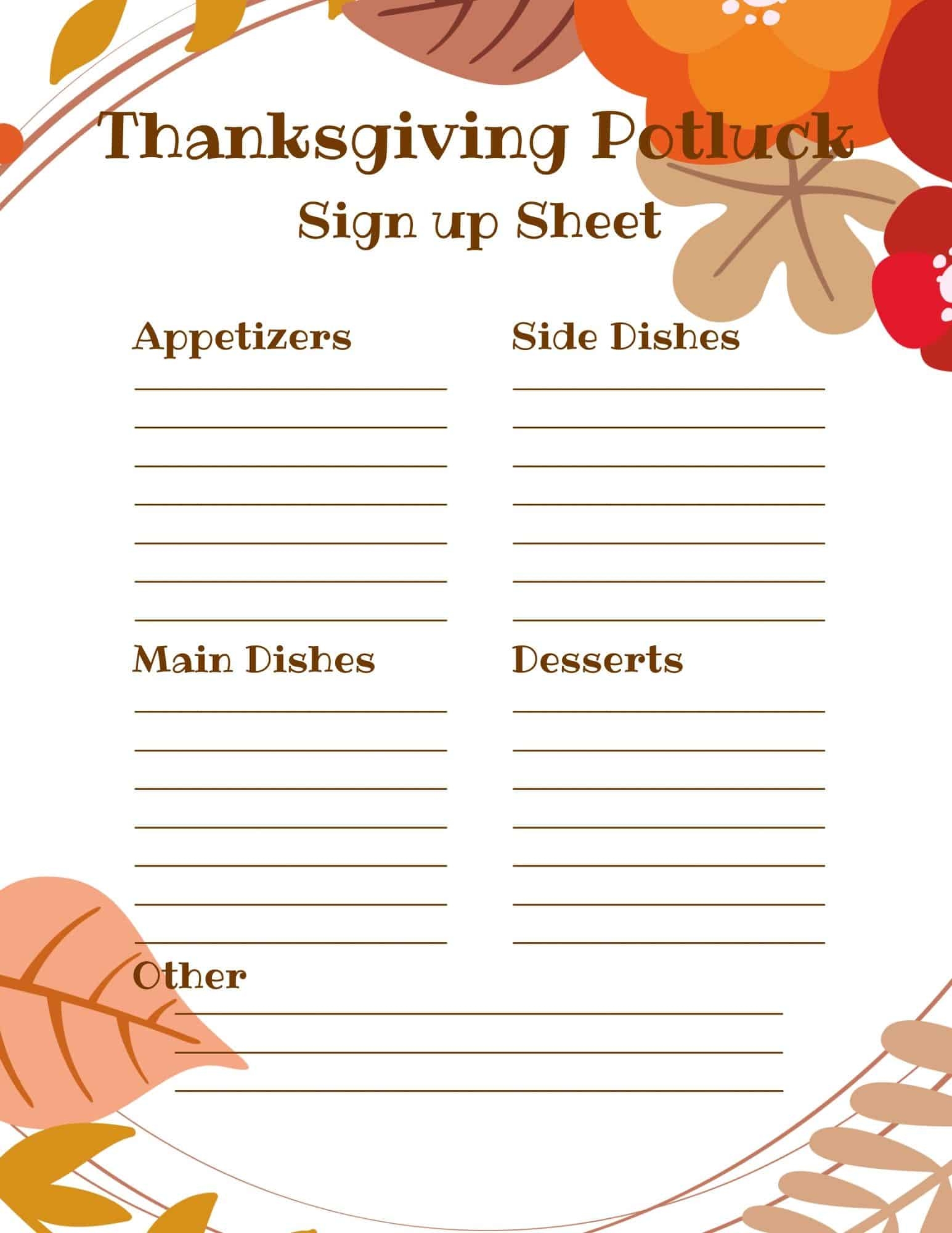 free printable food sign up sheet