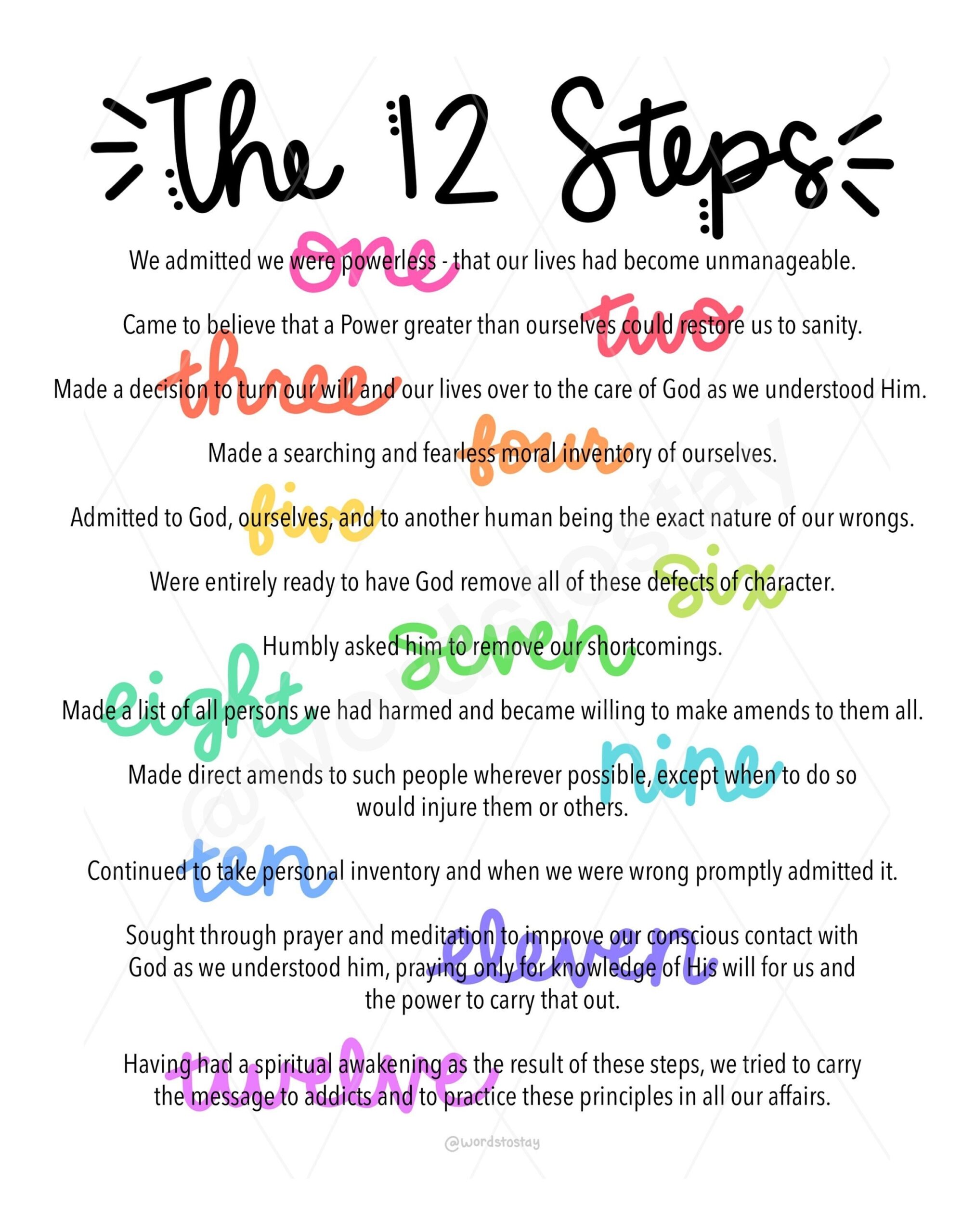 The 12 Steps Of Recovery AA NA Cute Colorful Printable File PNG 