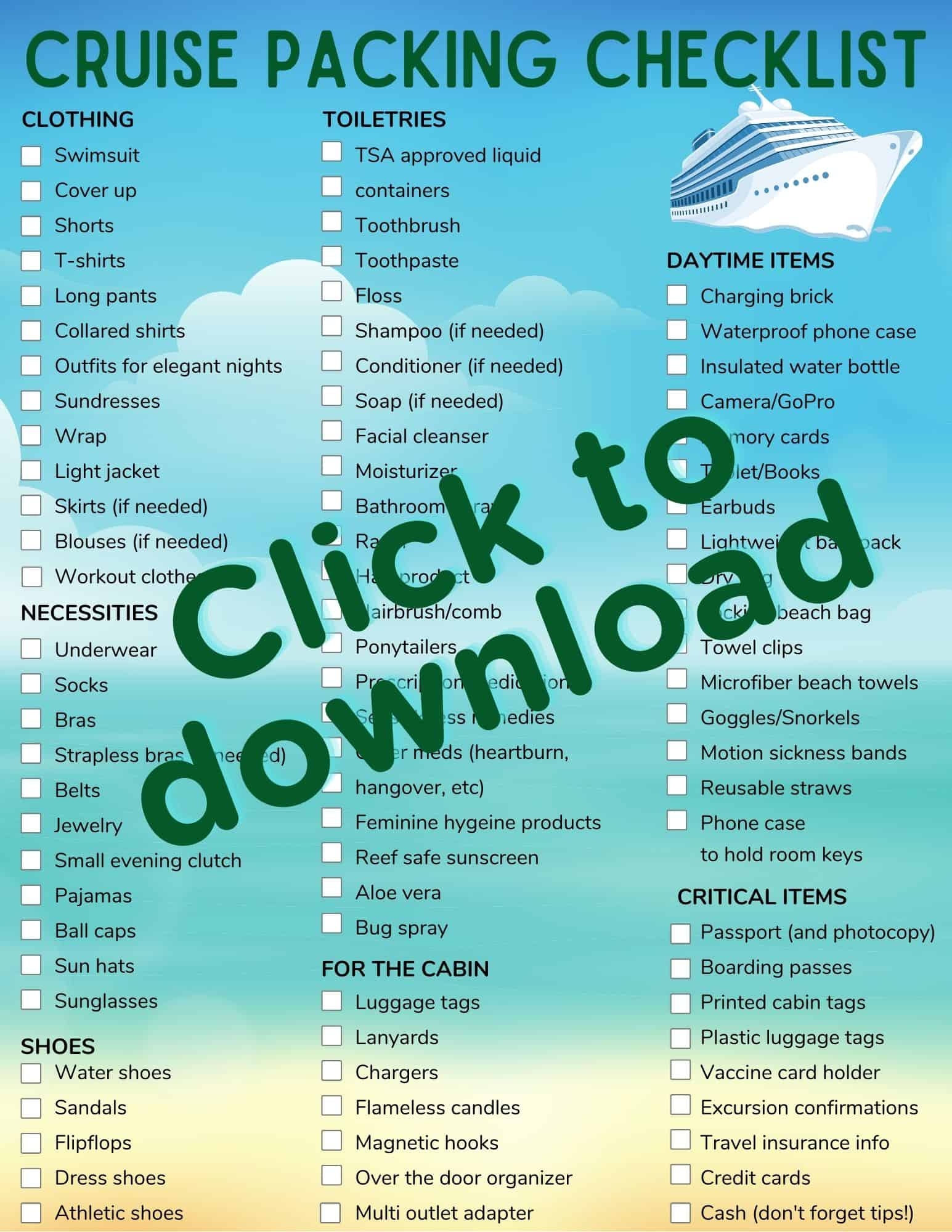 printable packing list for cruise