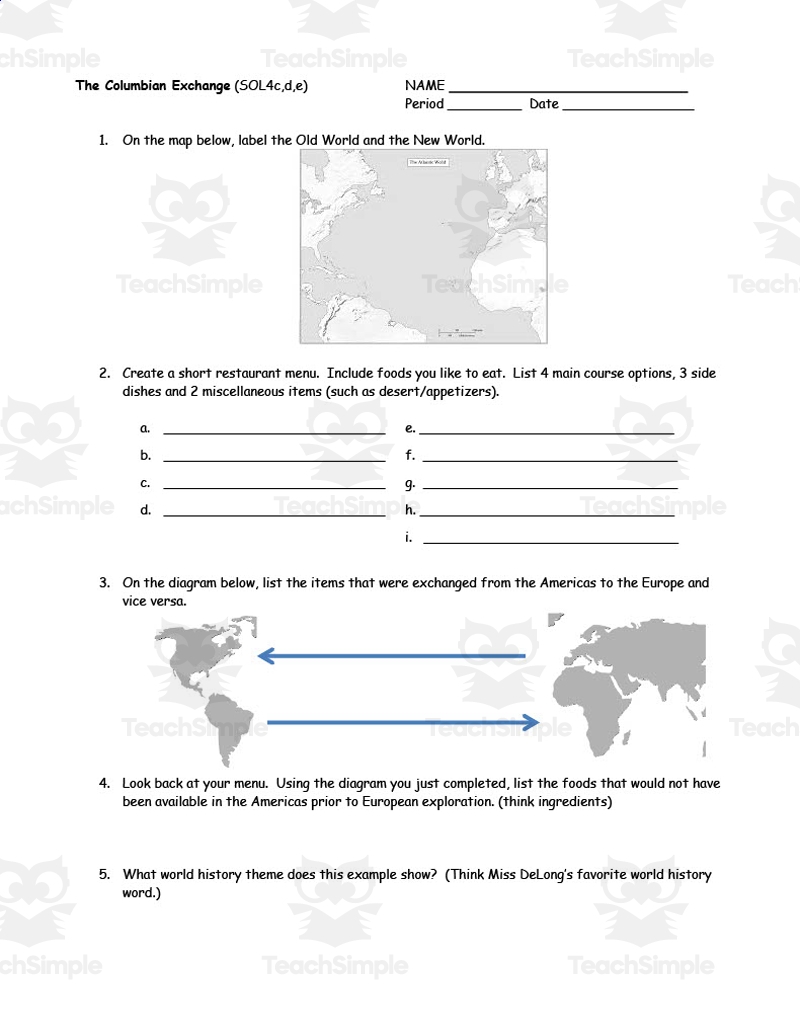 The Columbian Exchange Worksheet