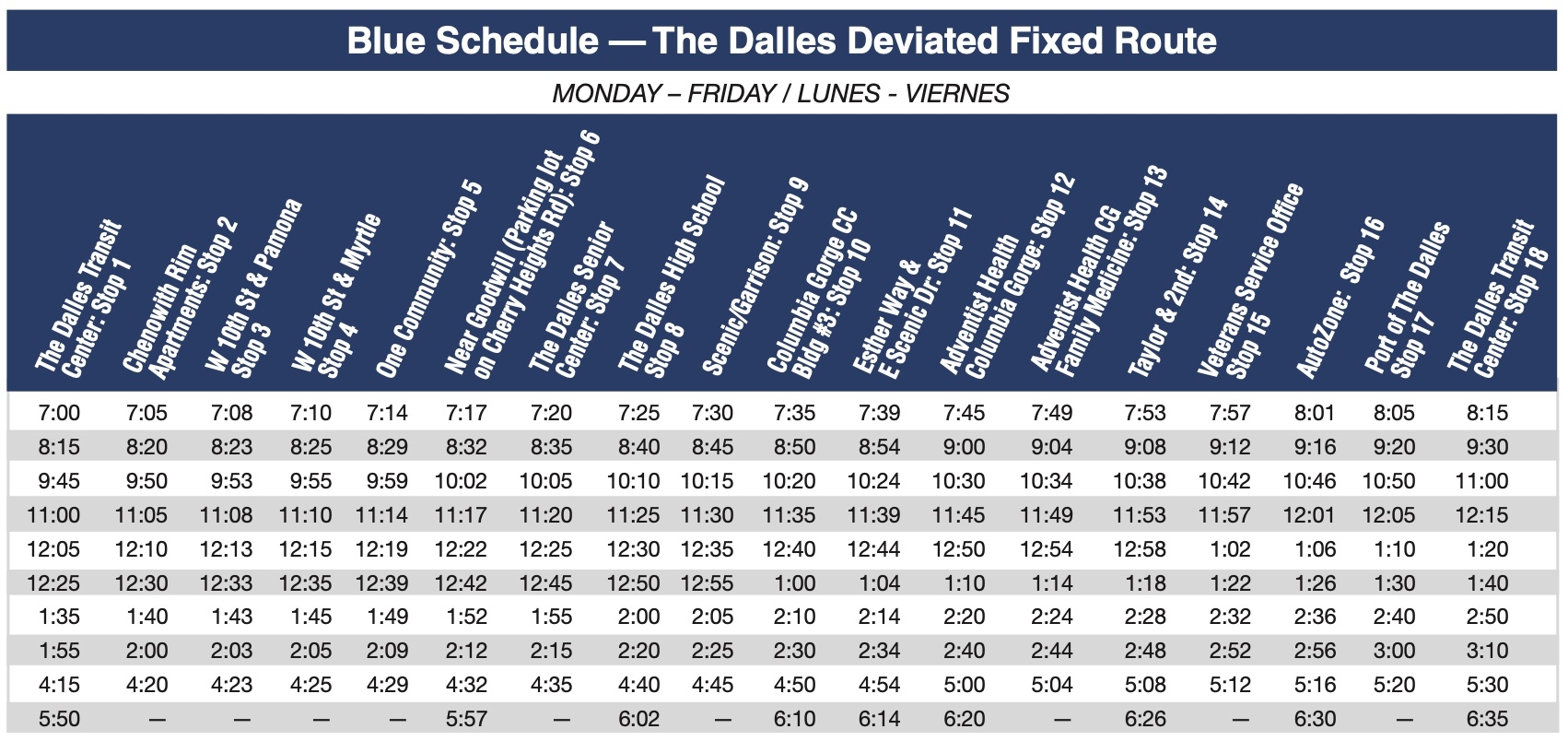 The Dalles Blue Line Mon Fri Gorge Transit
