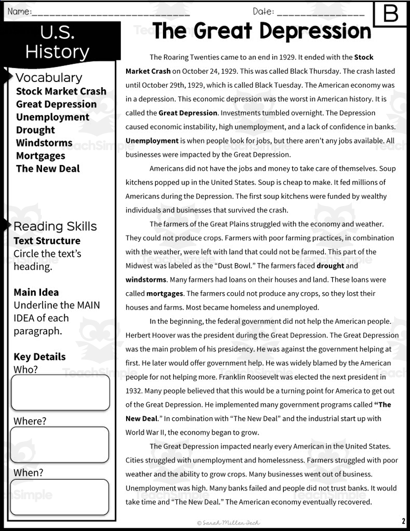 The Great Depression Reading Packet