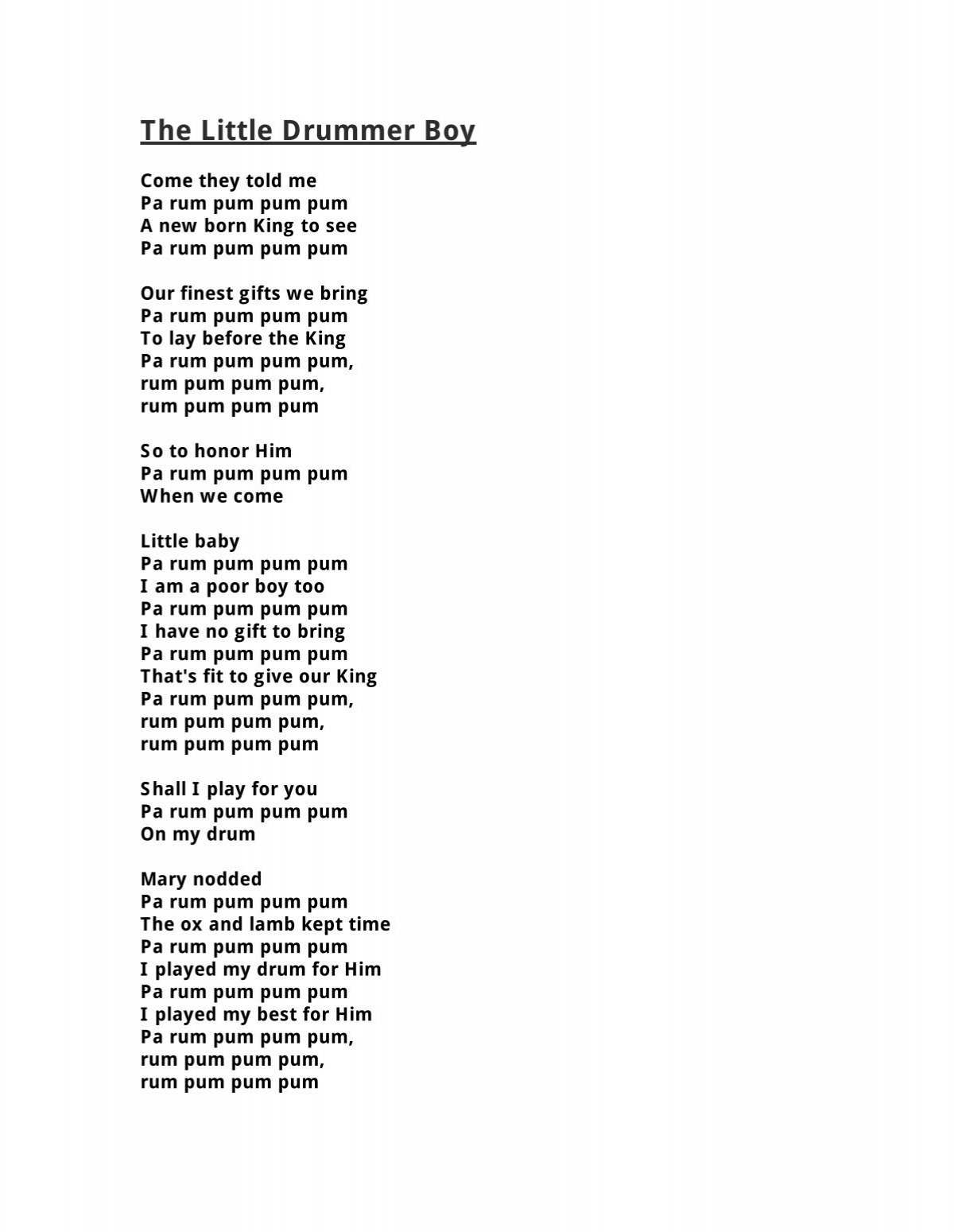 little drummer boy lyrics printable