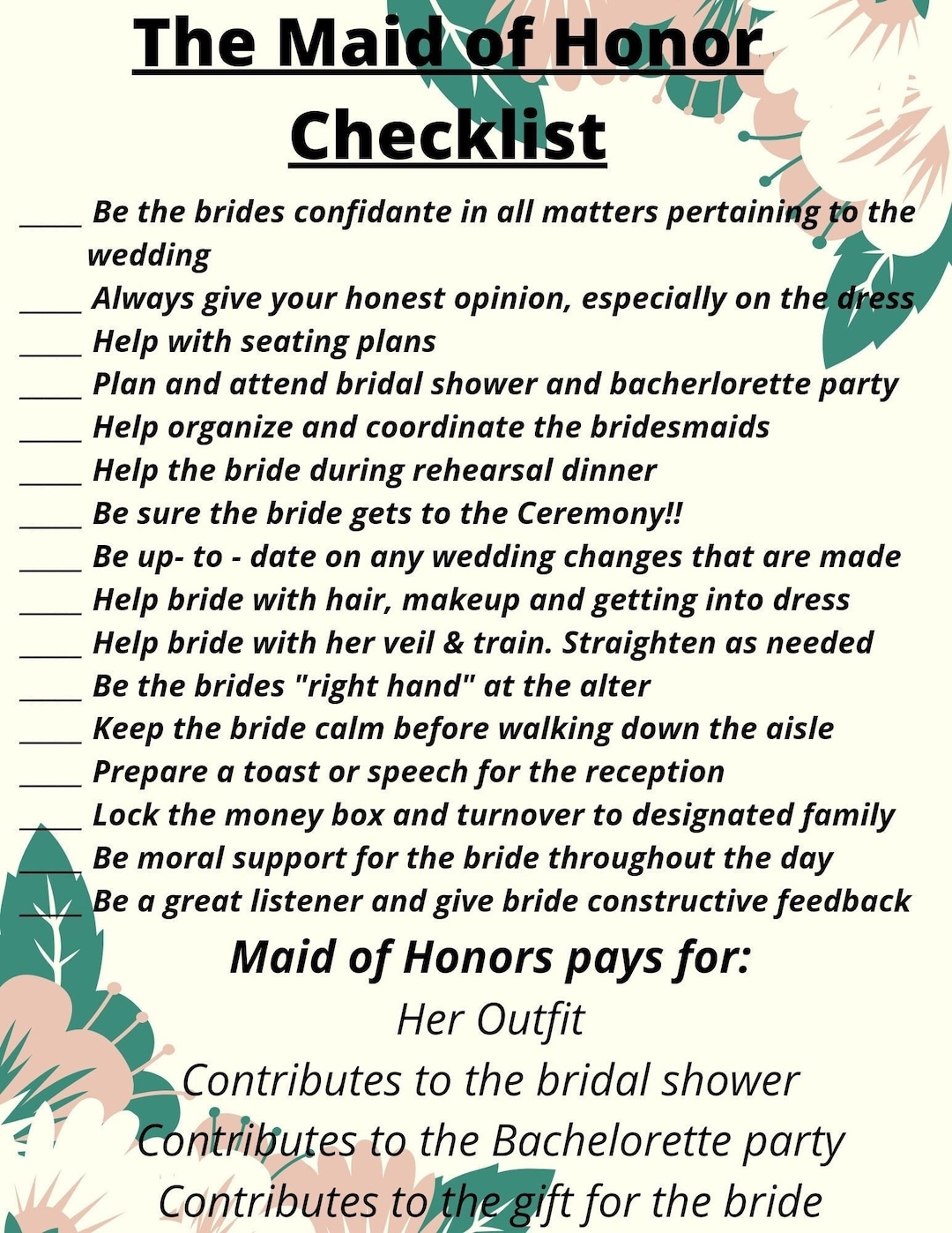 The Maid Of Honor Checklist Etsy The Maid Of Honor Checklist Etsy