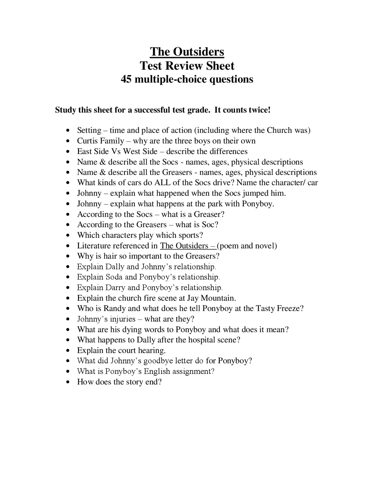 The Outsiders Test Review Sheet Schemes And Mind Maps Literature Docsity