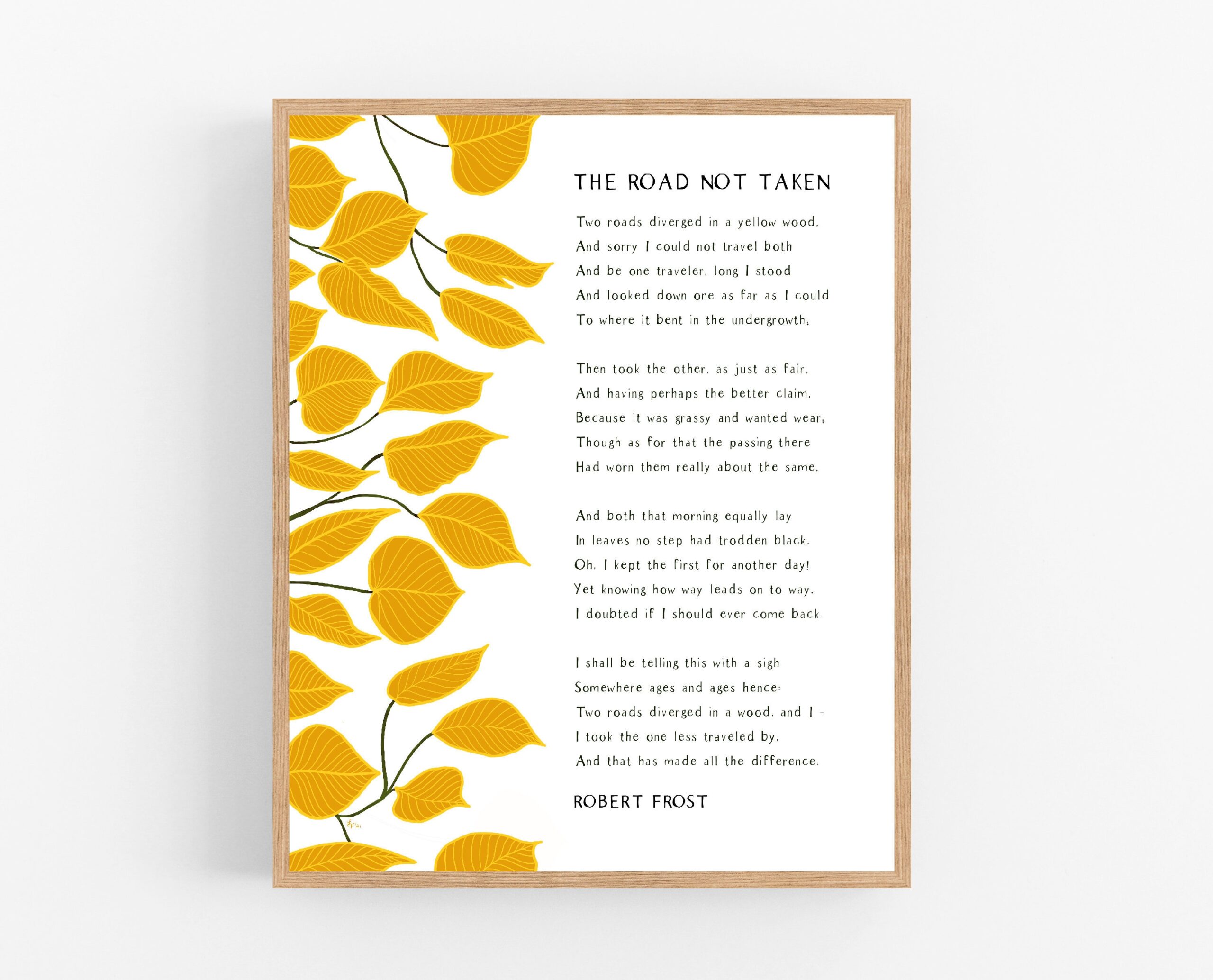 The Road Not Taken Robert Frost Printable Digital Download Poetry Botanical Print Inspirational Quote Frost Quote Yellow Etsy