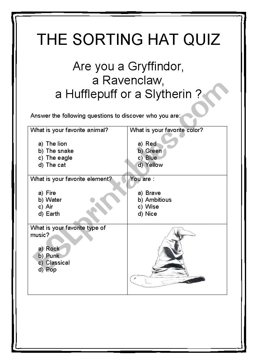 THE SORTING HAT QUIZ ESL Worksheet By Dudette