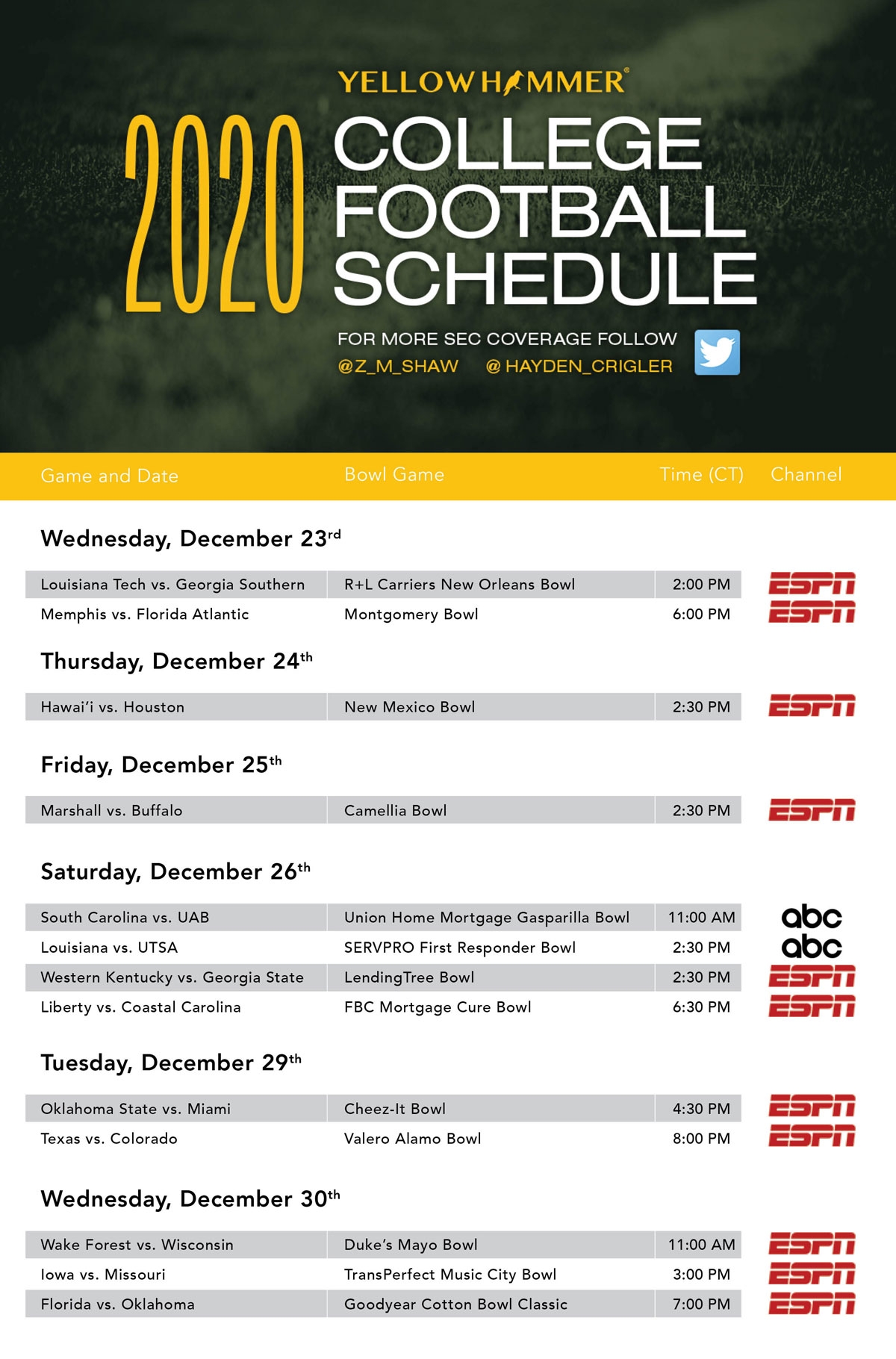 2019 bowl schedule printable