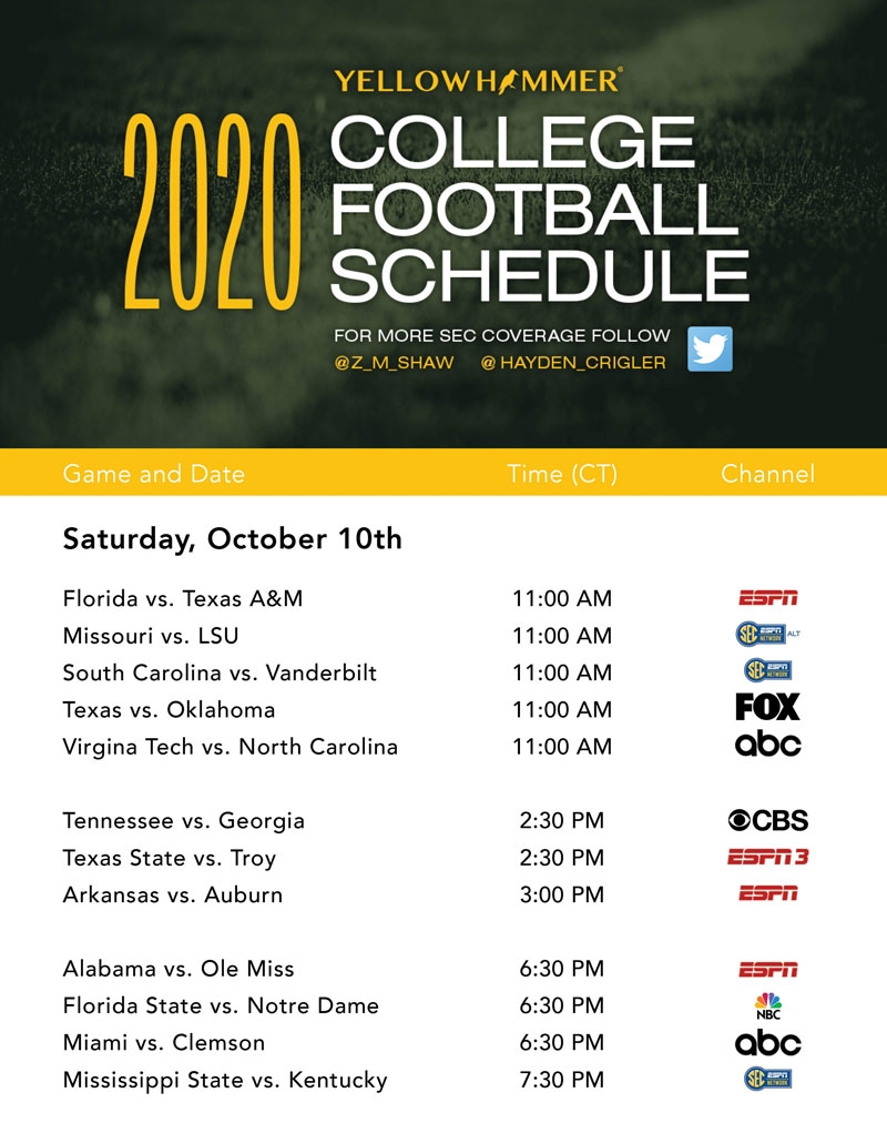This Weekend s College Football TV Schedule Yellowhammer News
