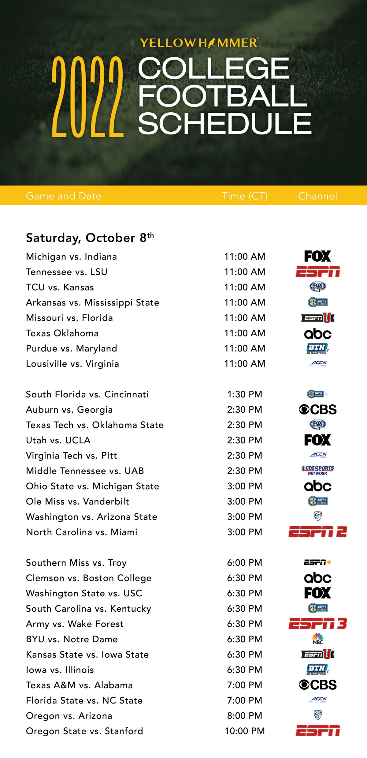 This Weekend s College Football TV Schedule Yellowhammer News