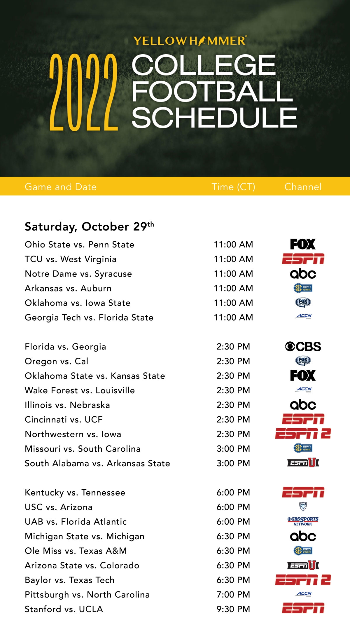 This Weekend s College Football TV Schedule Yellowhammer News