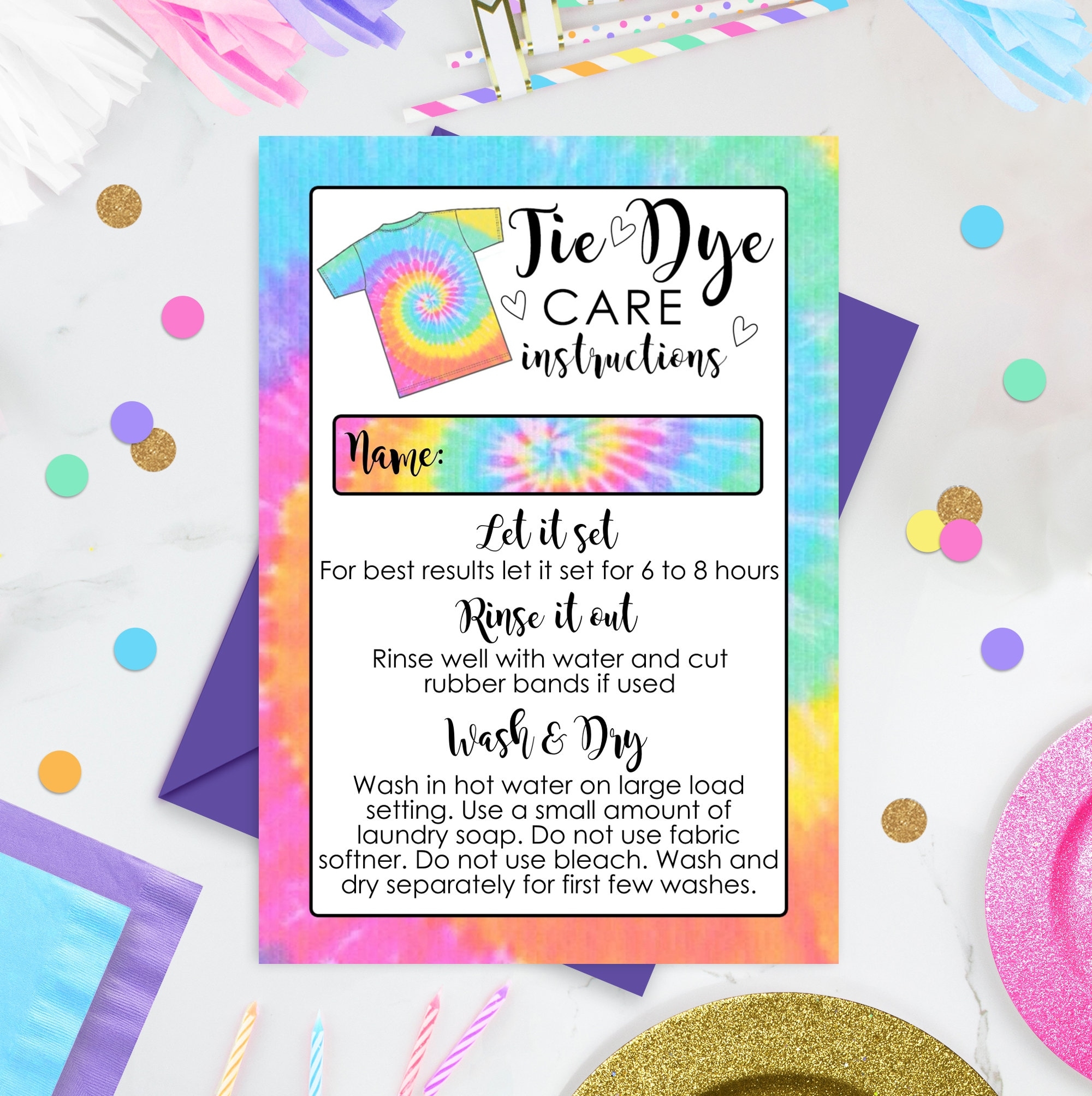 Tie Dye Care Instructions Instant Download Tie Dye Instructions Card Editable Tie Dye Card Printable Tie Dye Washing Instructions Rainbow Etsy