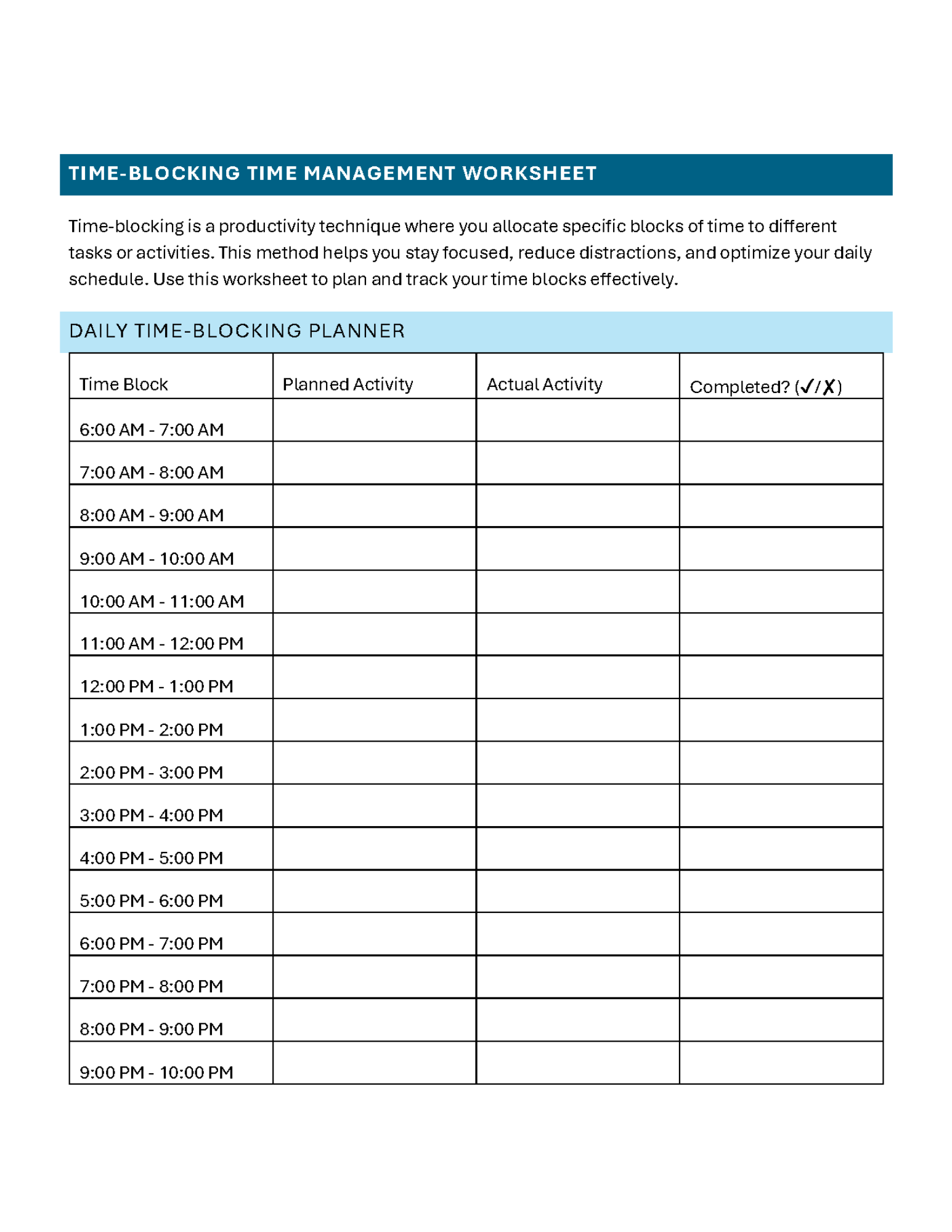 free time management printables