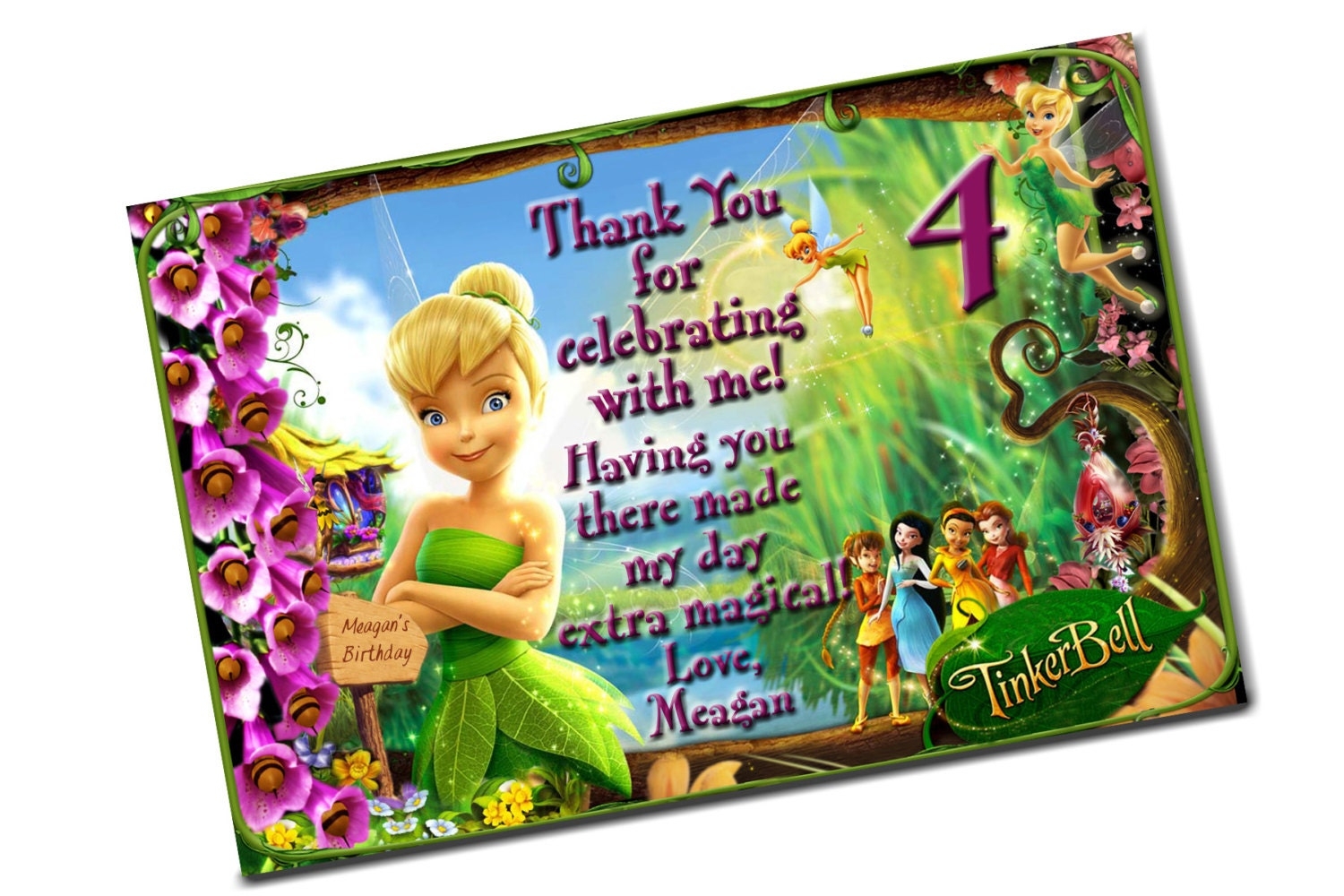 Tinkerbell Birthday Thank You Card You Print Digital Tinkerbell Birthday Thank You Card You Print Digital