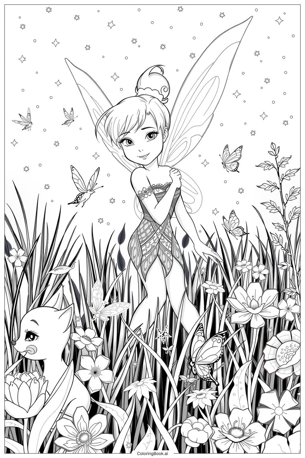 Tinkerbell Surrounded By Magical Creatures In A Sparkling Meadow 2 Coloring Page Free PDFu0026PNG Printable 