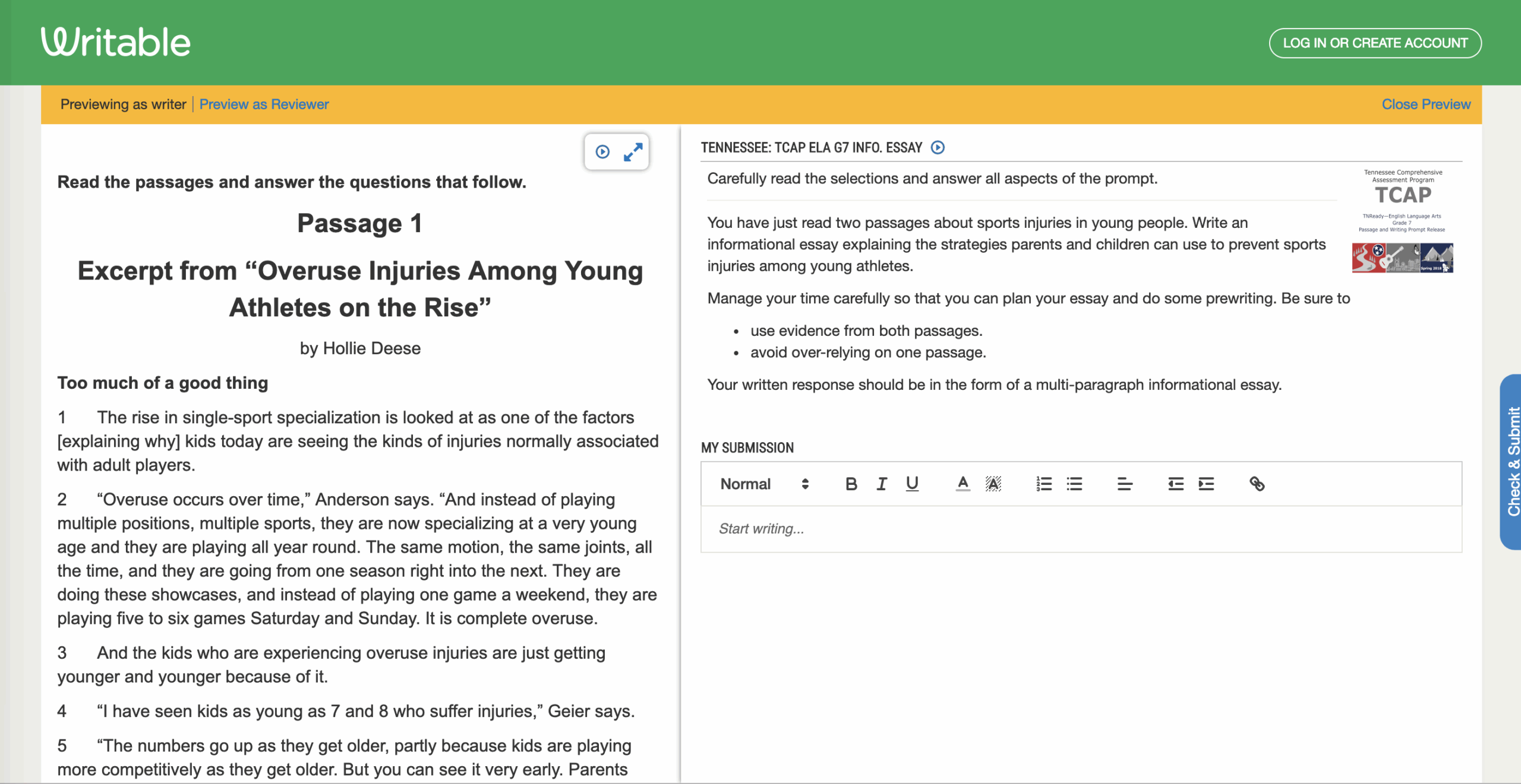 TNReady Practice Writing Assignments TCAP Writable