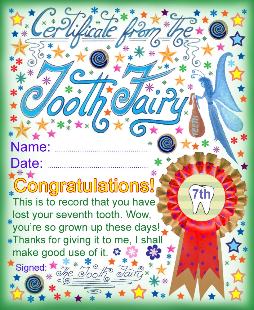 Tooth Fairy Certificate Award For Losing Your Seventh Tooth 